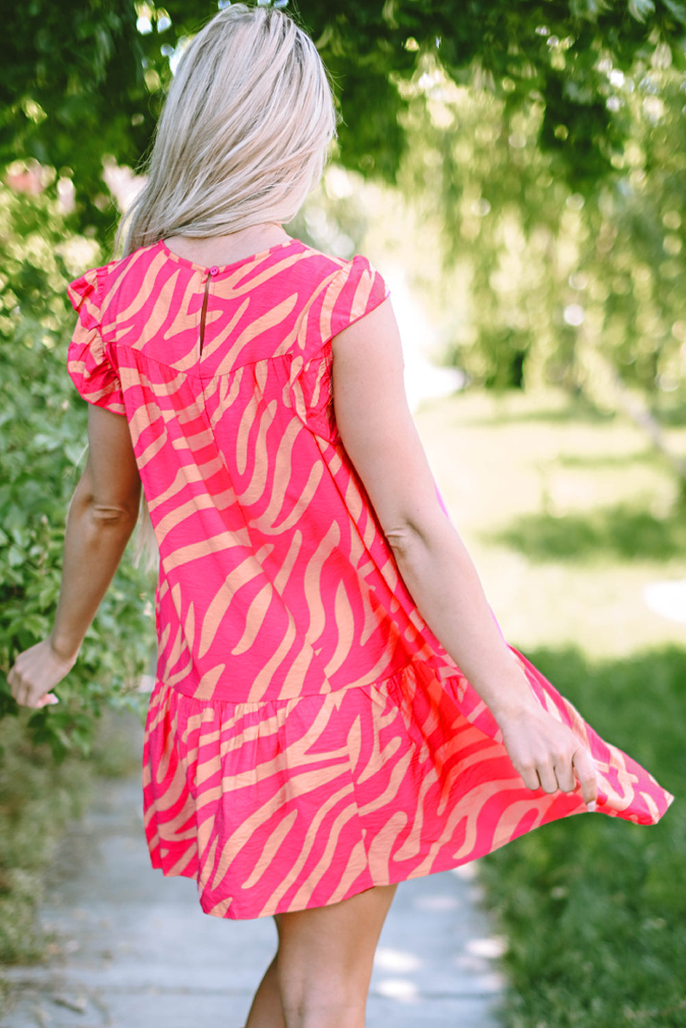 Pink Zebra Stripe Printed Ruffle Trim Pocketed Dress-Dresses/Mini Dresses-[Adult]-[Female]-2022 Online Blue Zone Planet