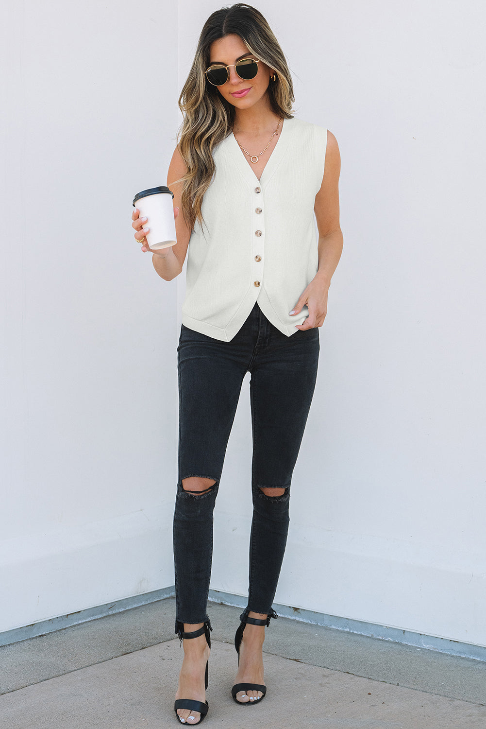 White V Neck Buttoned Sweater Vest-Sweaters & Cardigans/Sweater Vests-[Adult]-[Female]-2022 Online Blue Zone Planet