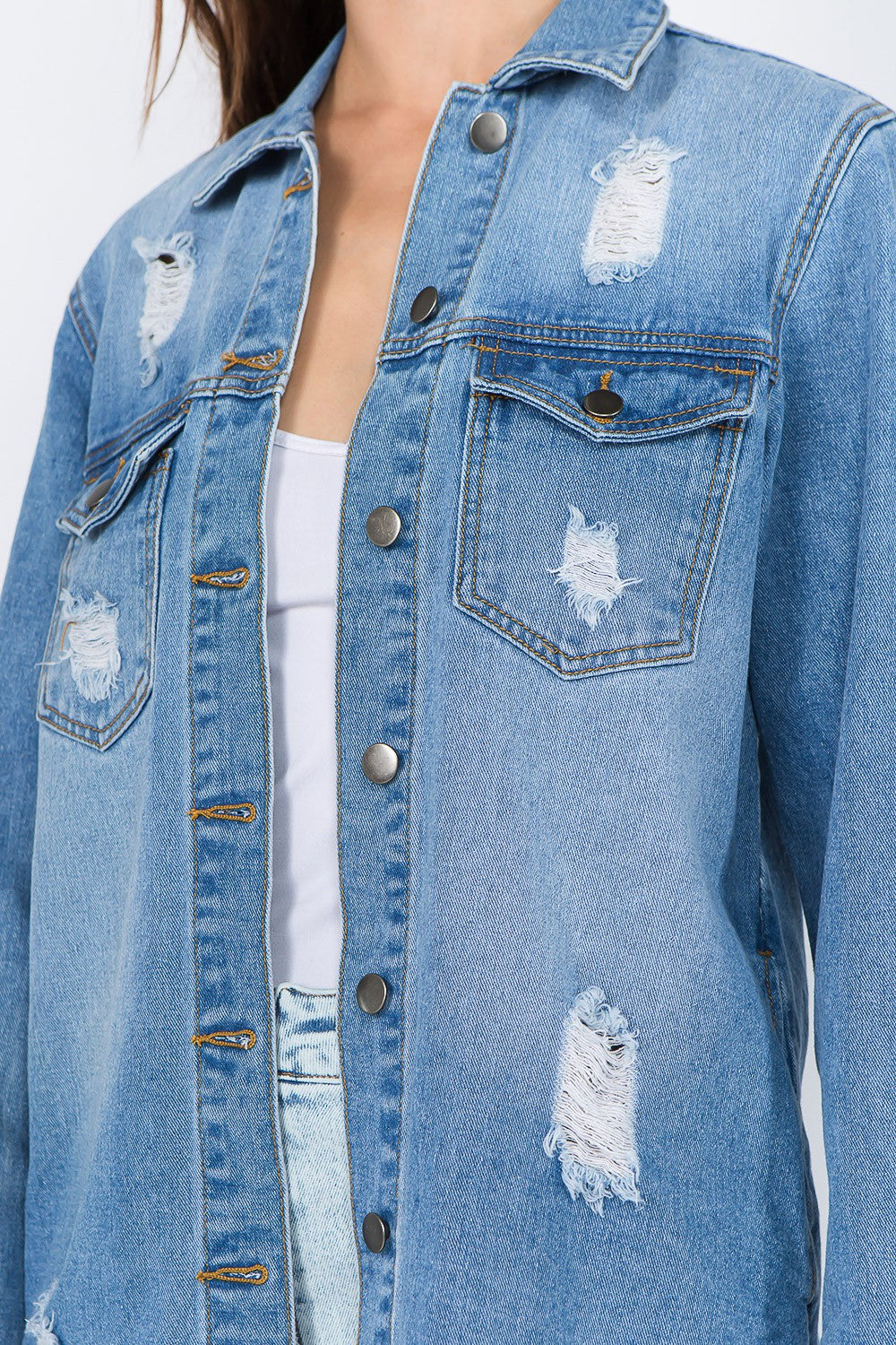 American Bazi Distressed Frayed Hem Denim Jacket-TOPS / DRESSES-[Adult]-[Female]-2022 Online Blue Zone Planet