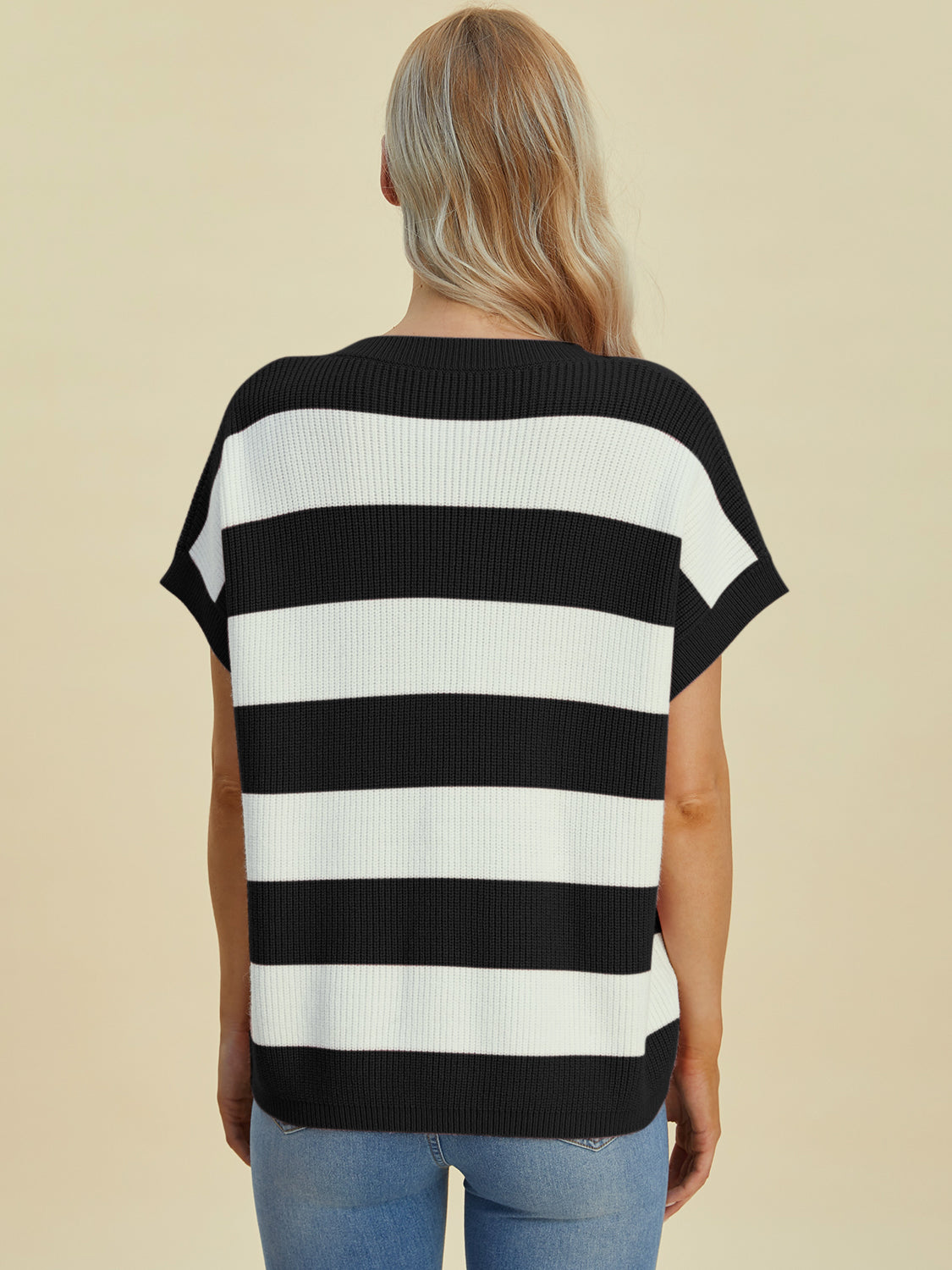 Double Take Full Size Striped V-Neck Short Sleeve Sweater-TOPS / DRESSES-[Adult]-[Female]-2022 Online Blue Zone Planet