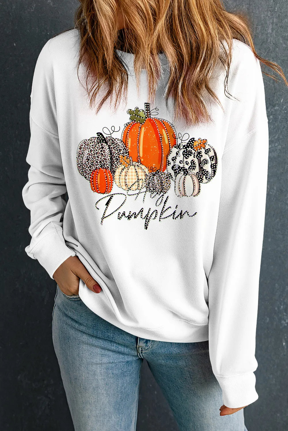 Pumpkin Graphic Round Neck Dropped Shoulder Sweatshirt-TOPS / DRESSES-[Adult]-[Female]-White-S-2022 Online Blue Zone Planet