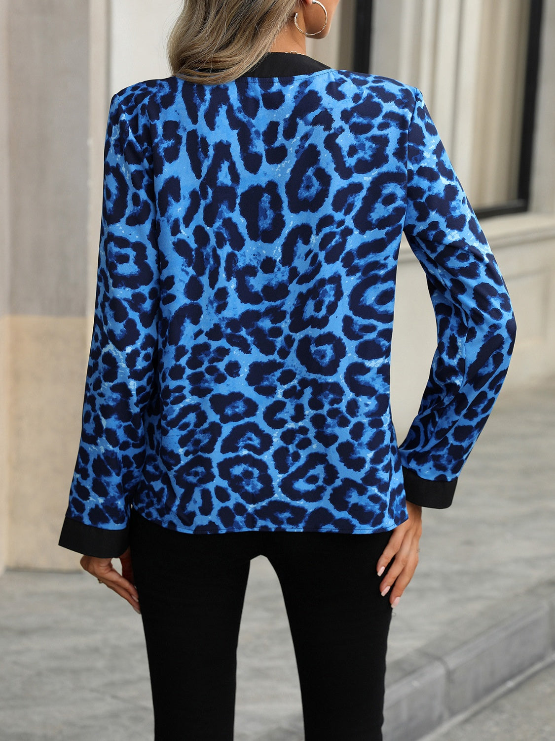 Leopard Notched Long Sleeve Blouse-TOPS / DRESSES-[Adult]-[Female]-2022 Online Blue Zone Planet