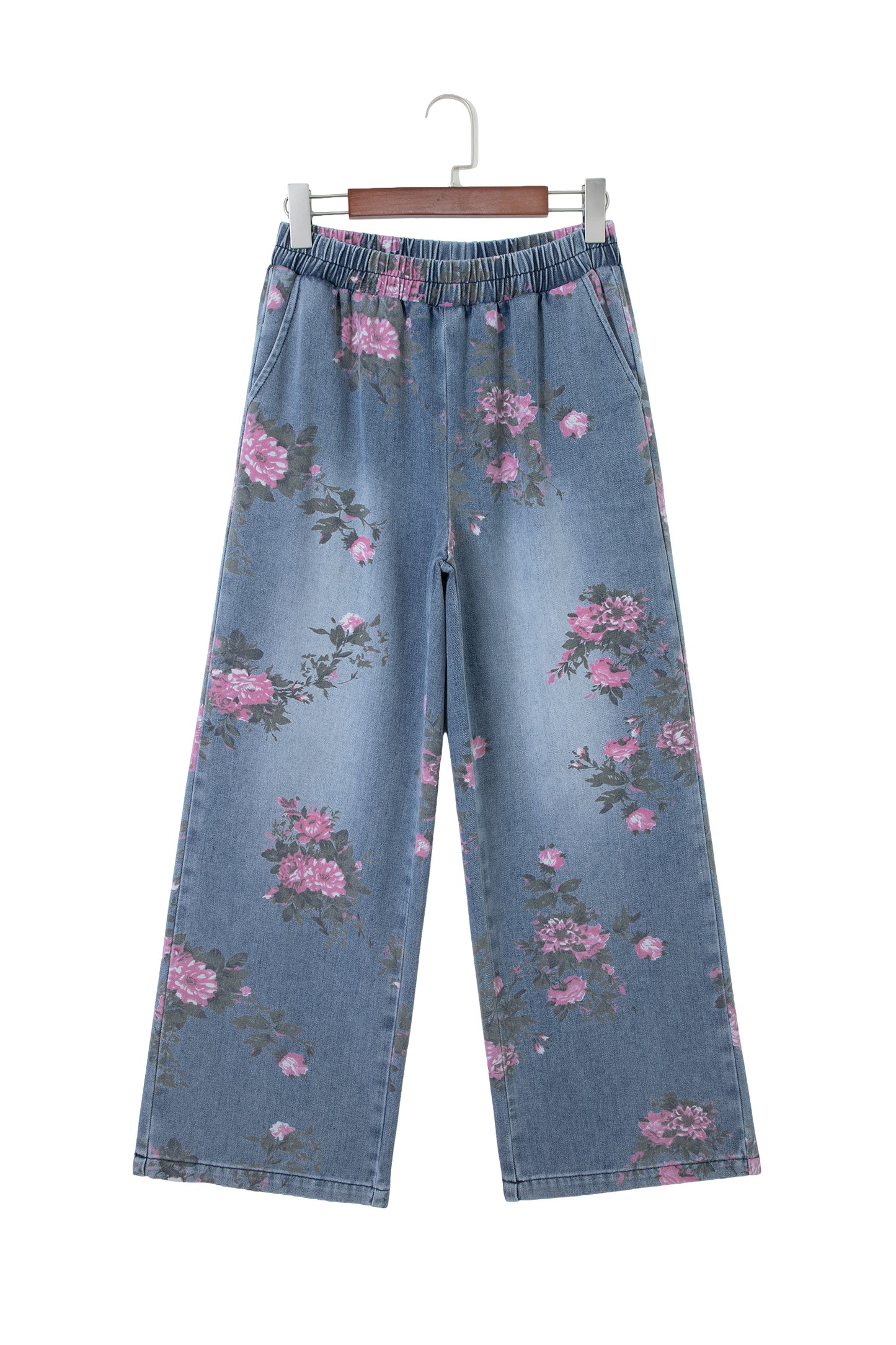 Beau Blue Floral Print Elastic Waist Pull On Casual Jeans-Bottoms/Jeans-[Adult]-[Female]-2022 Online Blue Zone Planet