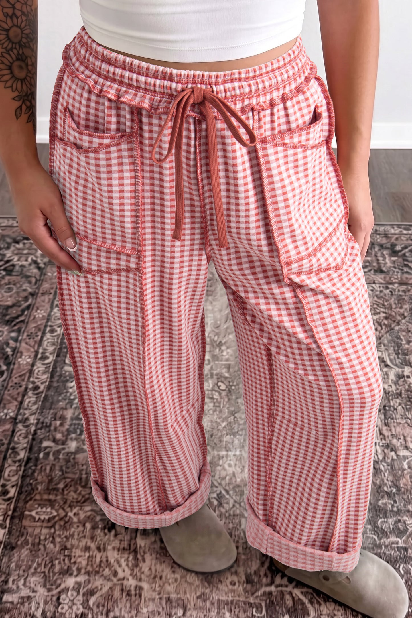 Red Plaid Contrast Trim Drawstring Elastic Waist Shift Pants-Bottoms/Pants & Culotte-[Adult]-[Female]-Red-S-2022 Online Blue Zone Planet