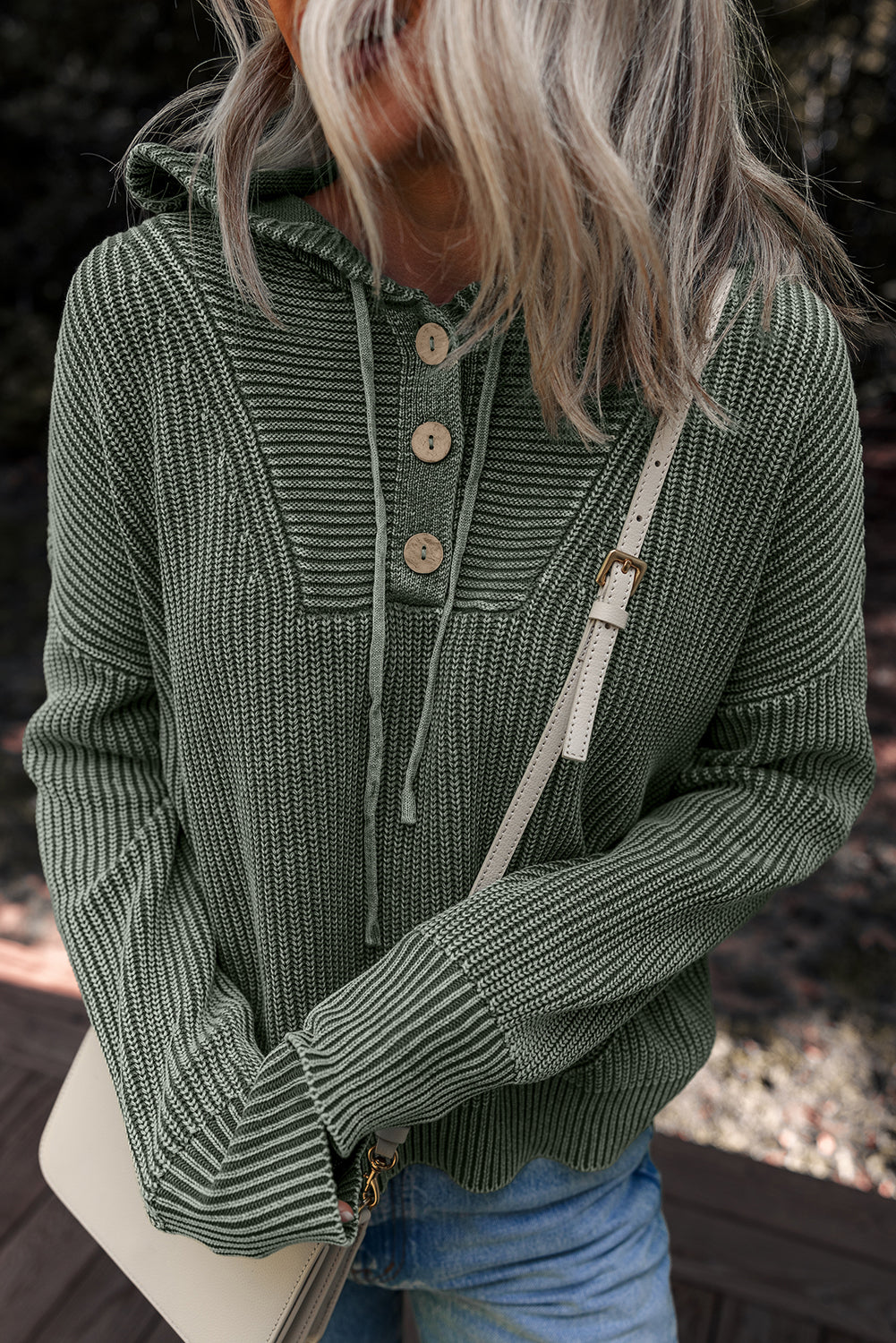 Mist Green Mineral Wash Ribbed Knit Button Drawstring Neck Hooded Sweater-Sweaters & Cardigans/Sweaters-[Adult]-[Female]-2022 Online Blue Zone Planet