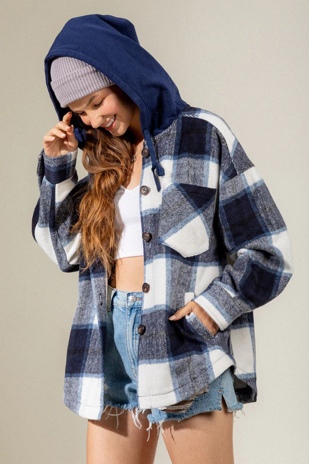 Drawstring Plaid Dropped Shoulder Hooded Shacket-TOPS / DRESSES-[Adult]-[Female]-2022 Online Blue Zone Planet