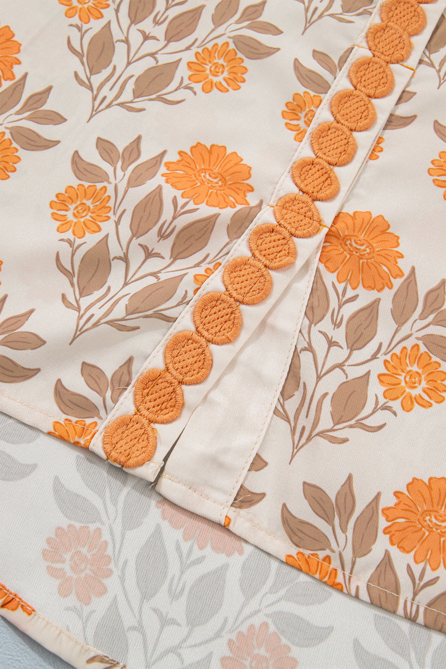 Orange Floral Print Contrast Detail V Neck Long Sleeve Blouse-Tops/Blouses & Shirts-[Adult]-[Female]-2022 Online Blue Zone Planet
