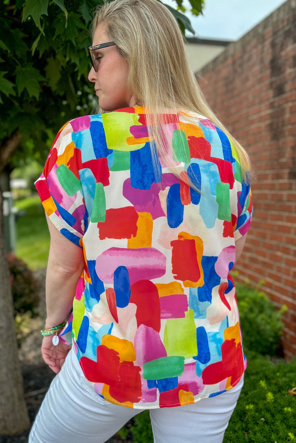 Colorful Brush Stroke Printed Plus Size Button Split Neck Blouse-Plus Size/Plus Size Tops/Plus Size Blouses & Shirts-[Adult]-[Female]-2022 Online Blue Zone Planet
