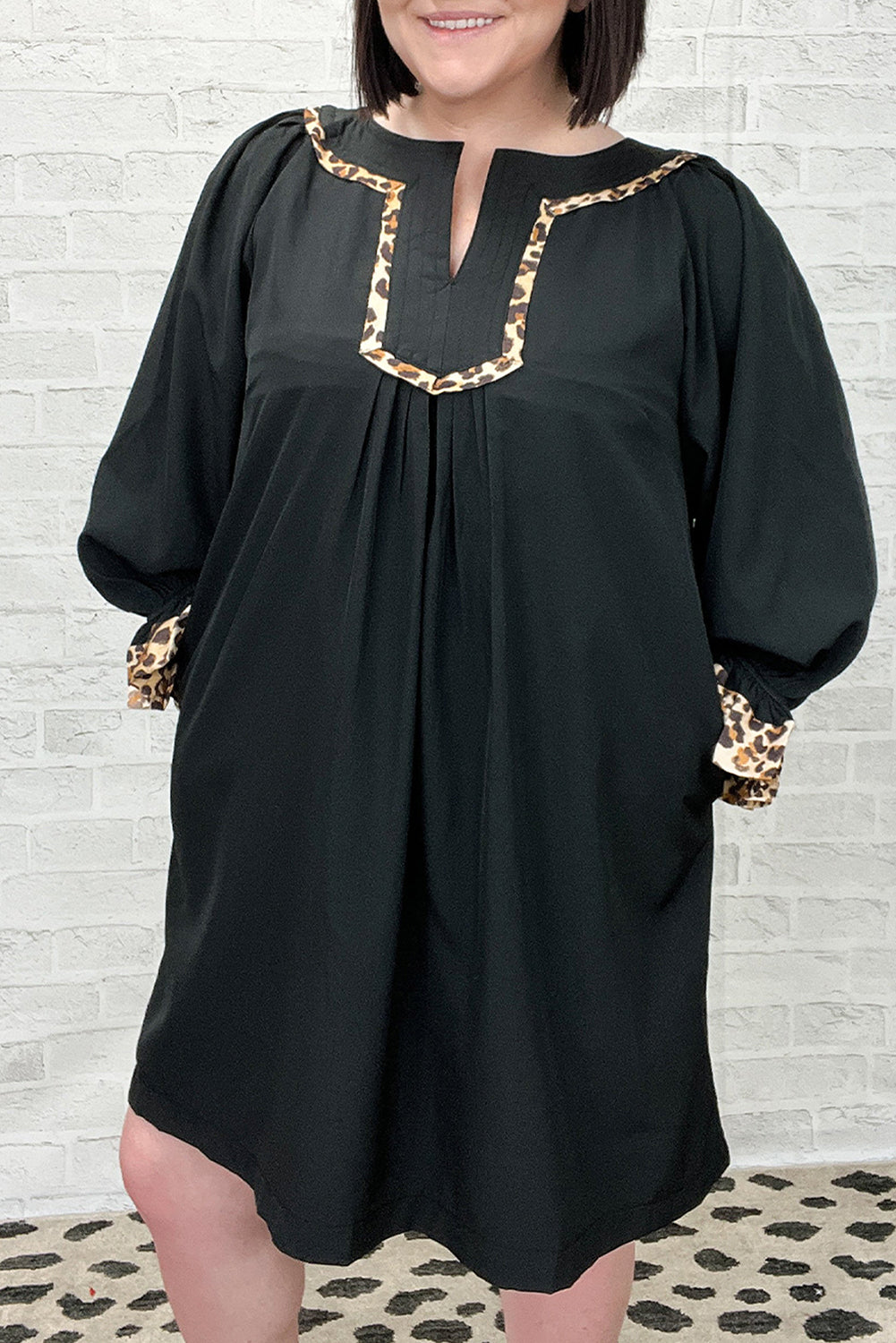 Black Plus Size Notched Neck Leopard Trim Flounce Long Sleeve Shift Dress-TOPS / DRESSES-[Adult]-[Female]-2022 Online Blue Zone Planet