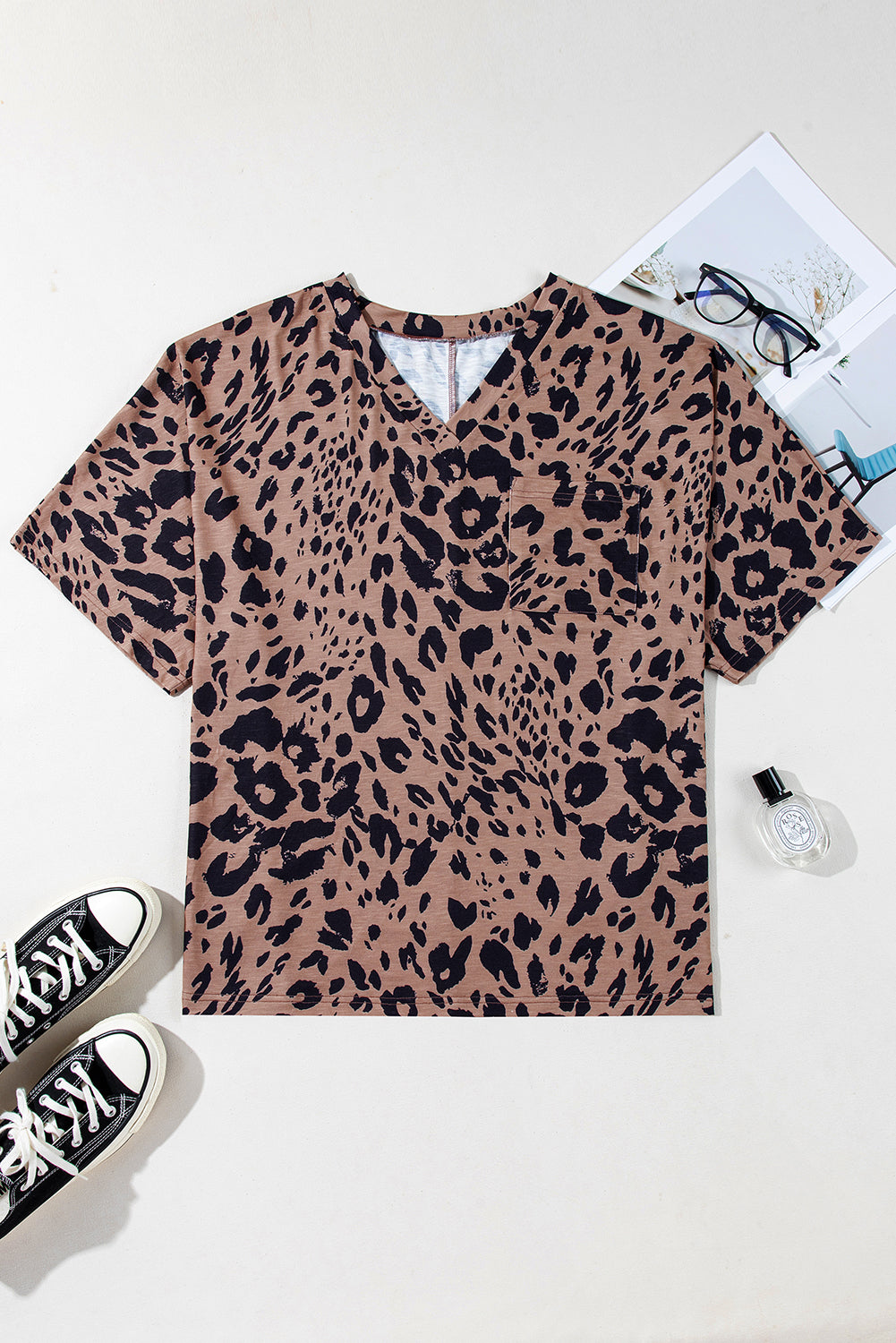 Brown Leopard Print V Neck Half Sleeve Oversized Tee-Tops/Tops & Tees-[Adult]-[Female]-2022 Online Blue Zone Planet