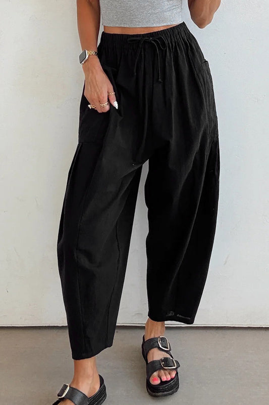 Black Drawstring Elastic Waist Patch Pocket Barrel Leg Casual Pants-Bottoms/Pants & Culotte-[Adult]-[Female]-Black-S-2022 Online Blue Zone Planet