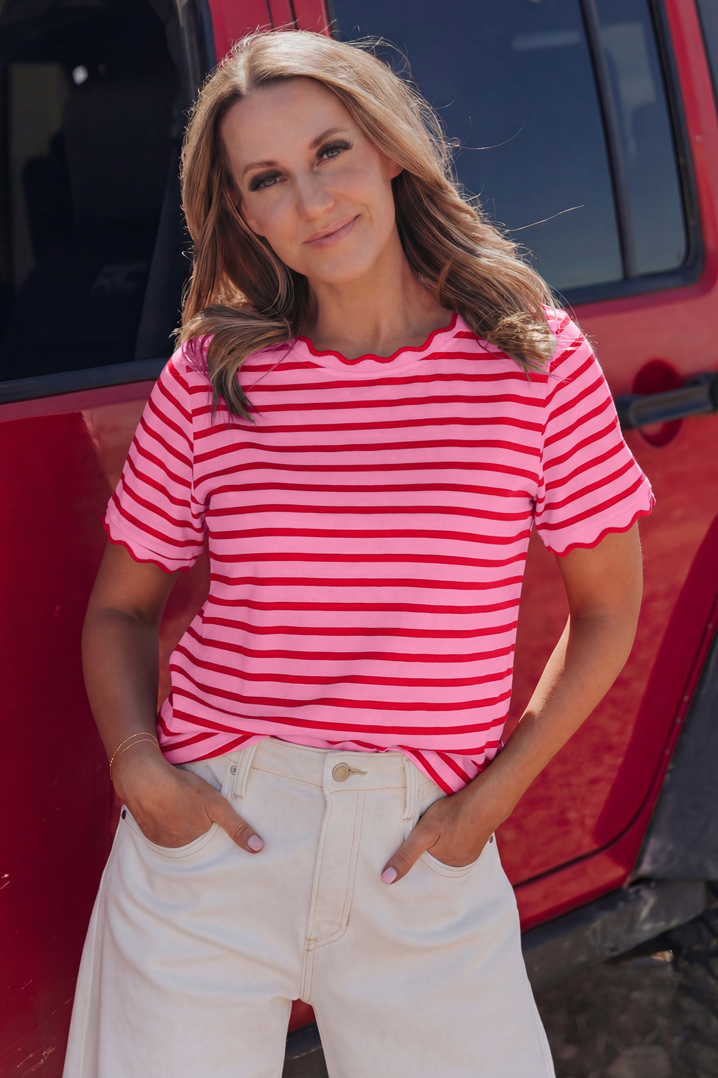 Pink Stripe Scalloped Trim Round Neck T Shirt-Tops/Tops & Tees-[Adult]-[Female]-2022 Online Blue Zone Planet