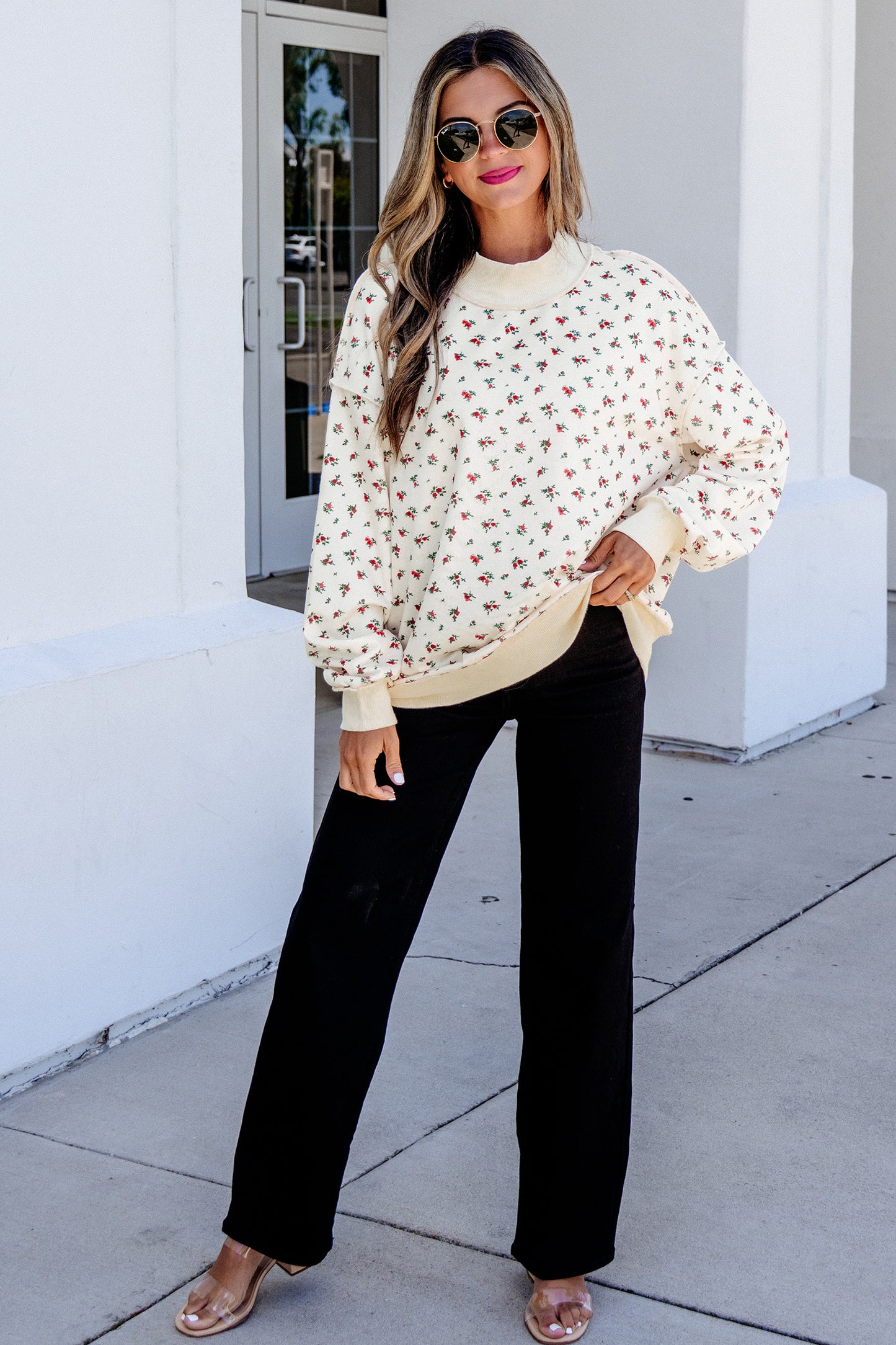 Beige Ribbed High Neck Patchwork Floral Print Baggy Pullover Sweatshirt-Tops/Sweatshirts & Hoodies-[Adult]-[Female]-2022 Online Blue Zone Planet