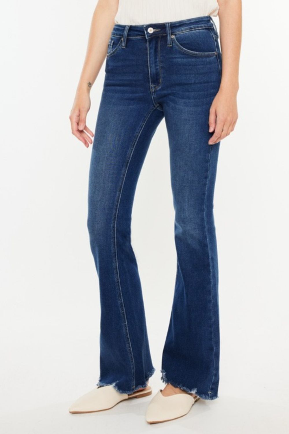 Blue Zone Planet | Kancan Cat's Whiskers Raw Hem Flare Jeans-BOTTOMS SIZES SMALL MEDIUM LARGE-[Adult]-[Female]-DARK-0(23)-2022 Online Blue Zone Planet