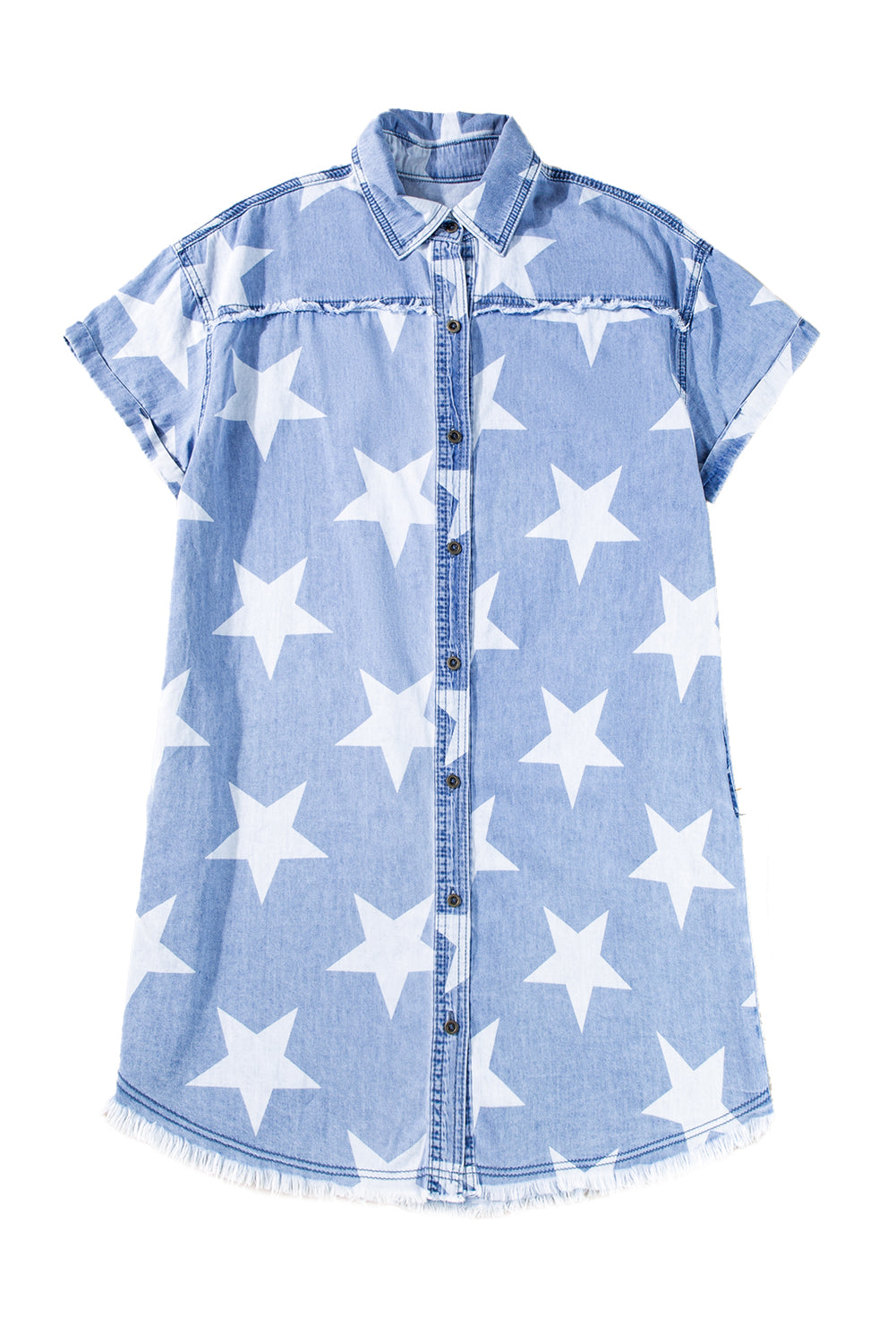 Blue Zone Planet | Sky Blue Stars Frayed Hem Collared Short Sleeve Denim Dress-TOPS / DRESSES-[Adult]-[Female]-2022 Online Blue Zone Planet