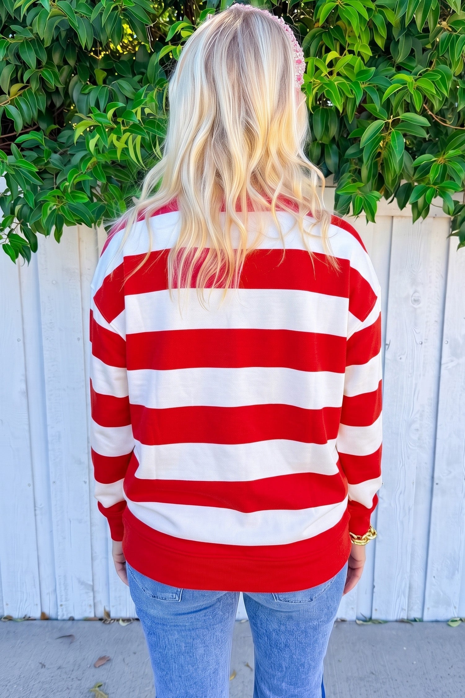 Red Stripe holly jolly Letter Embroidered Pullover Sweatshirt-Tops/Sweatshirts & Hoodies-[Adult]-[Female]-2022 Online Blue Zone Planet