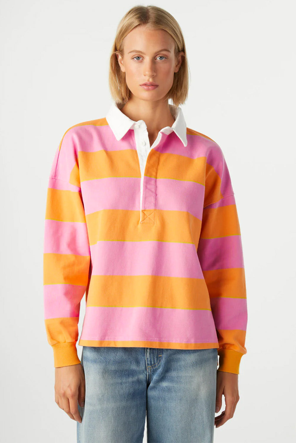 Blue Zone Planet | Yellow Stripe Color Block Polo Collar Sweatshirt-Tops/Sweatshirts & Hoodies-[Adult]-[Female]-2022 Online Blue Zone Planet