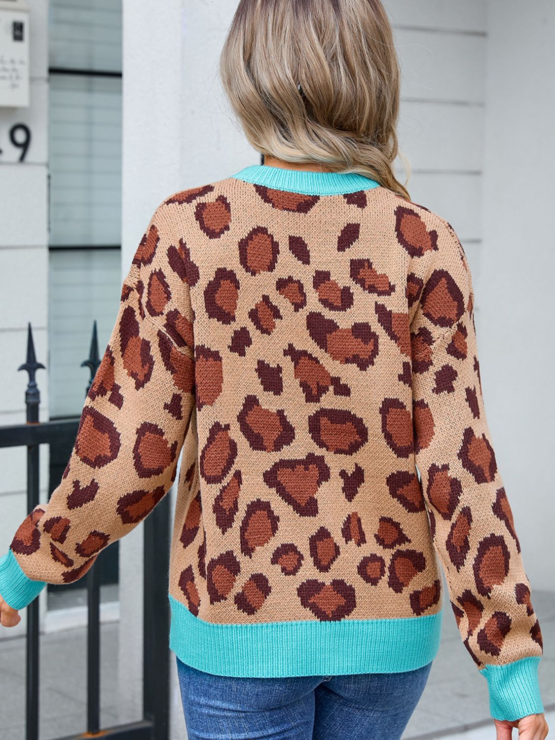 Blue Zone Planet | Leopard Round Neck Long Sleeve Sweater-TOPS / DRESSES-[Adult]-[Female]-2022 Online Blue Zone Planet