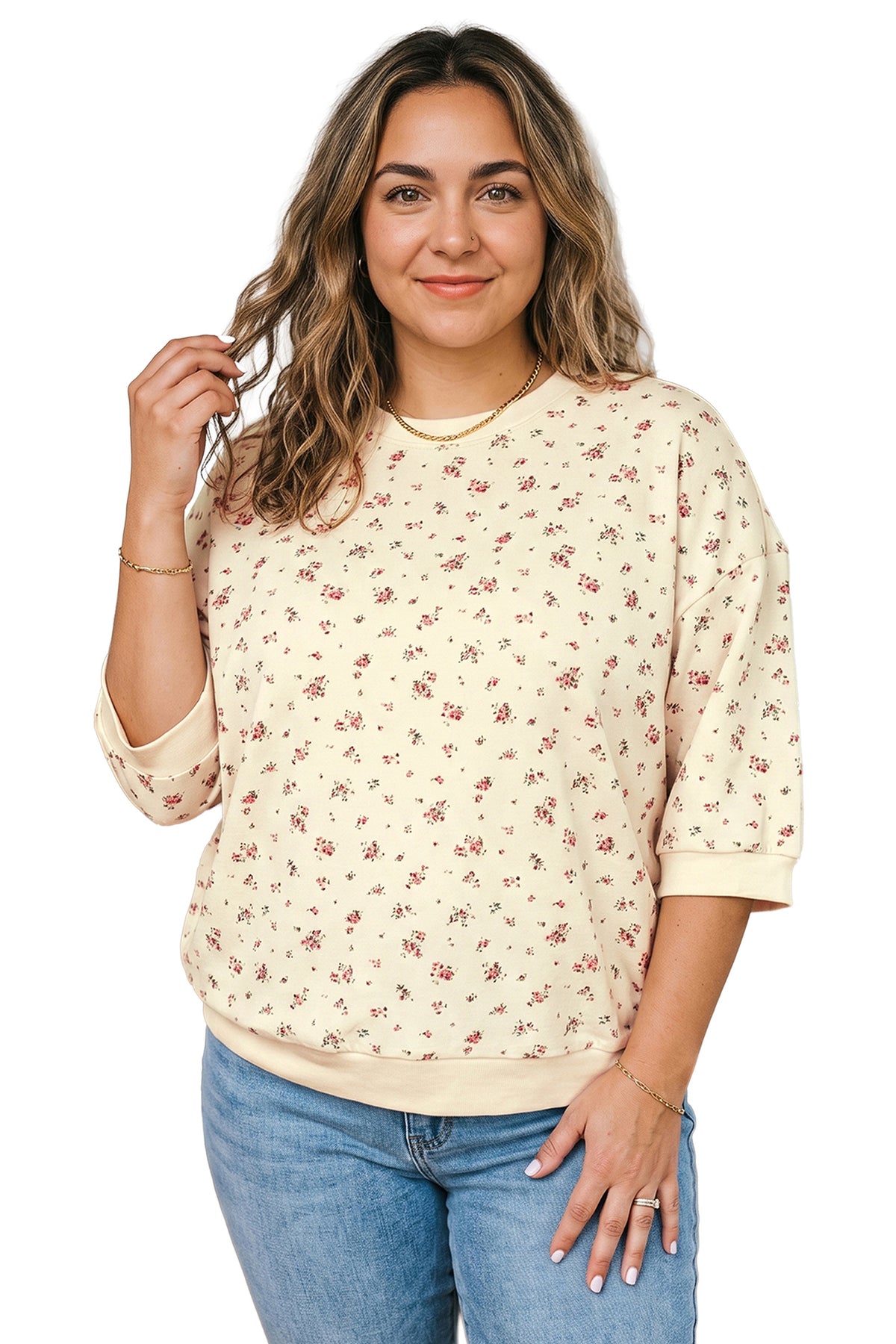 Beige Floral Print Colorblock Cuffs Hem Plus Size Blouse-Plus Size/Plus Size Tops/Plus Size Blouses & Shirts-[Adult]-[Female]-2022 Online Blue Zone Planet