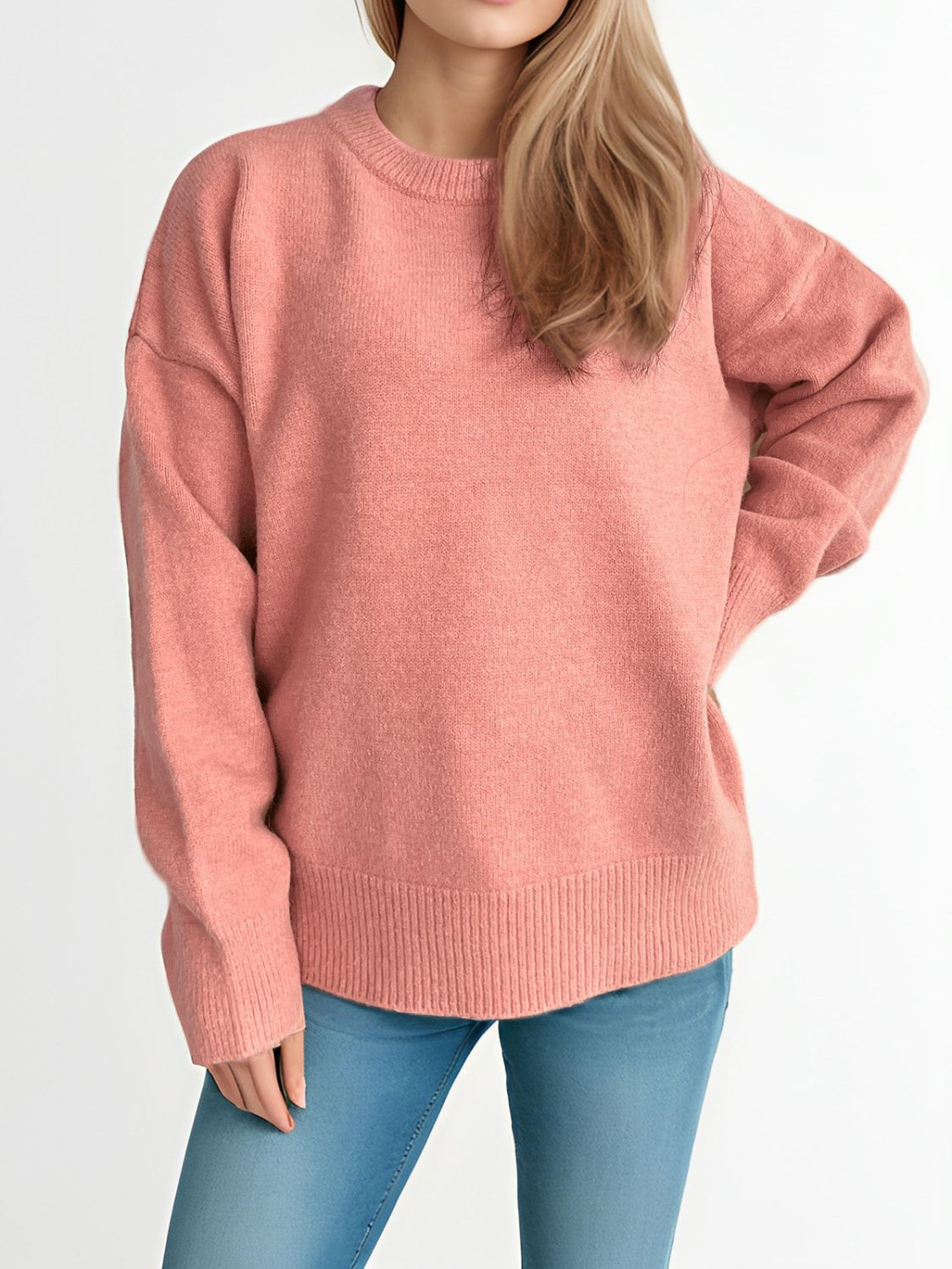 Round Neck Dropped Shoulder Long Sleeve Sweater-TOPS / DRESSES-[Adult]-[Female]-2022 Online Blue Zone Planet