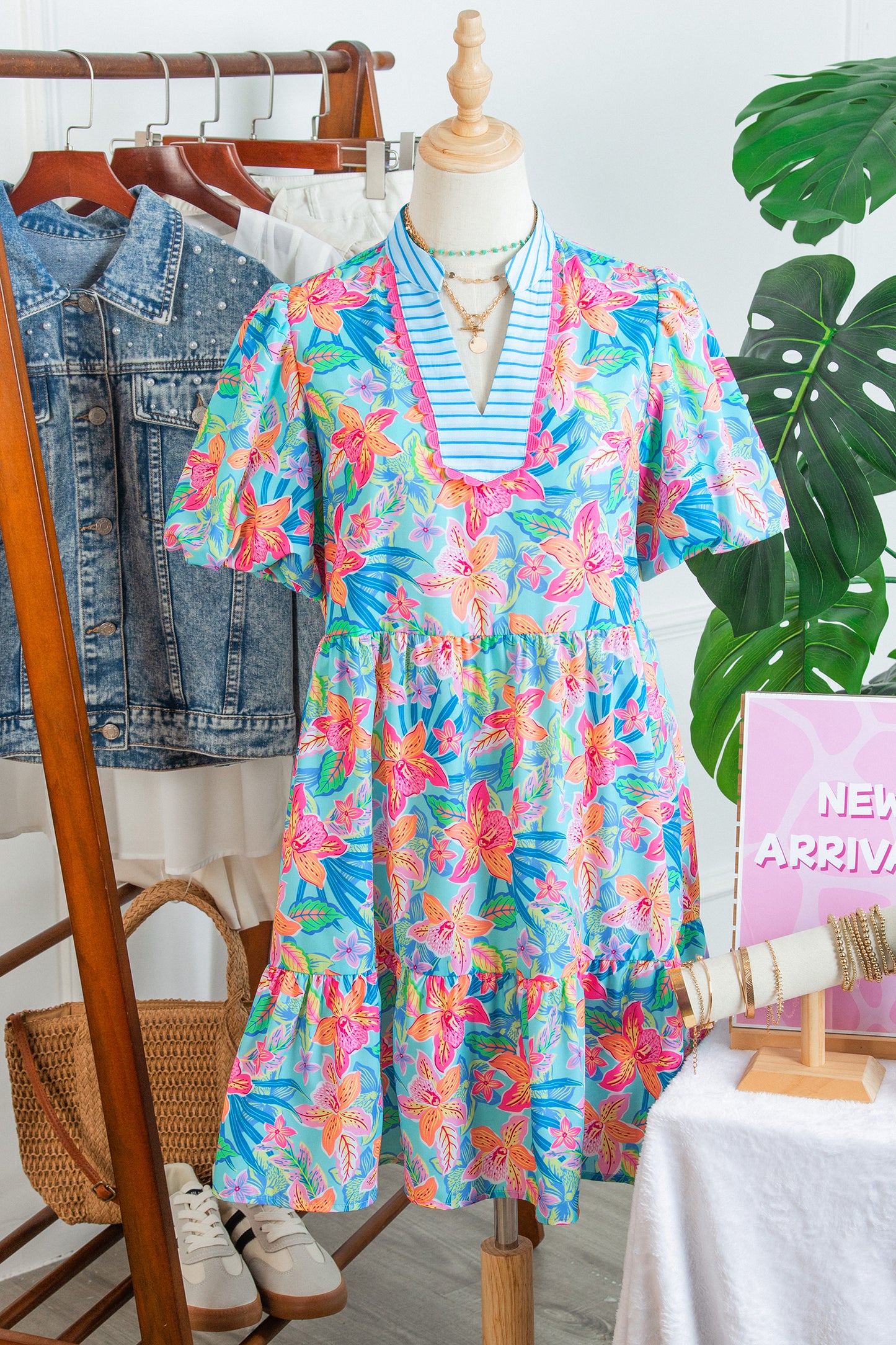 Multicolour Floral Print Contrast Scallop Striped Trim V Neck Dress-TOPS / DRESSES-[Adult]-[Female]-2022 Online Blue Zone Planet