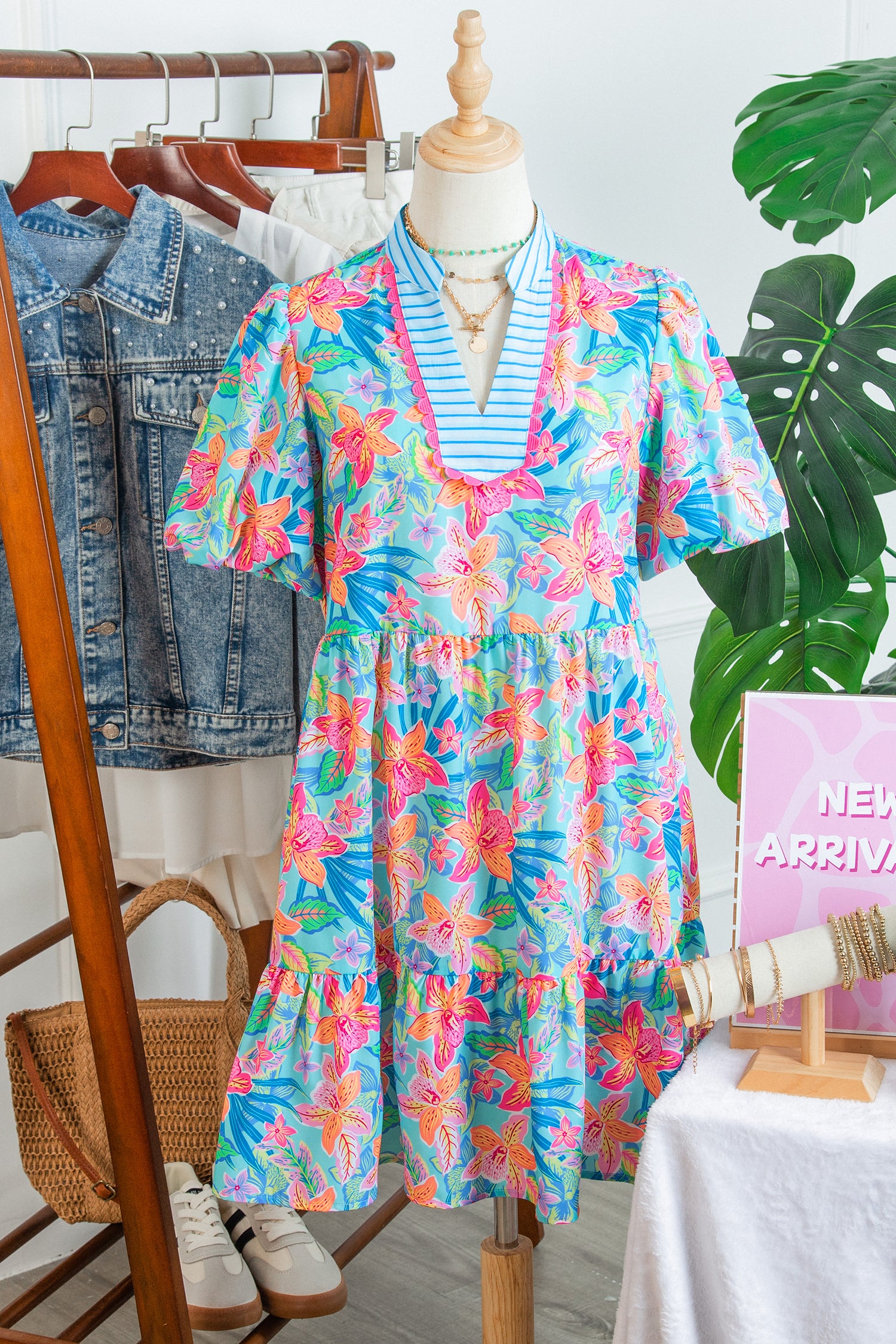 Multicolour Floral Print Contrast Scallop Striped Trim V Neck Dress-TOPS / DRESSES-[Adult]-[Female]-2022 Online Blue Zone Planet
