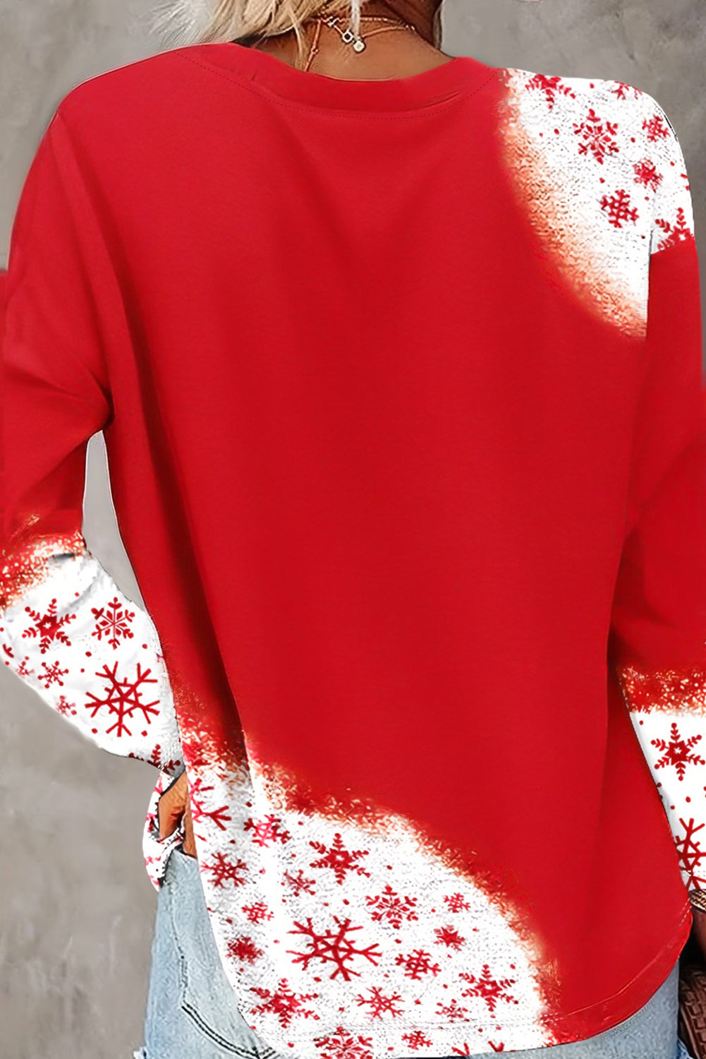 Blue Zone Planet | Fiery Red Snowflake Bleached Print Long Sleeve T Shirt-Blank Apparel-[Adult]-[Female]-2022 Online Blue Zone Planet