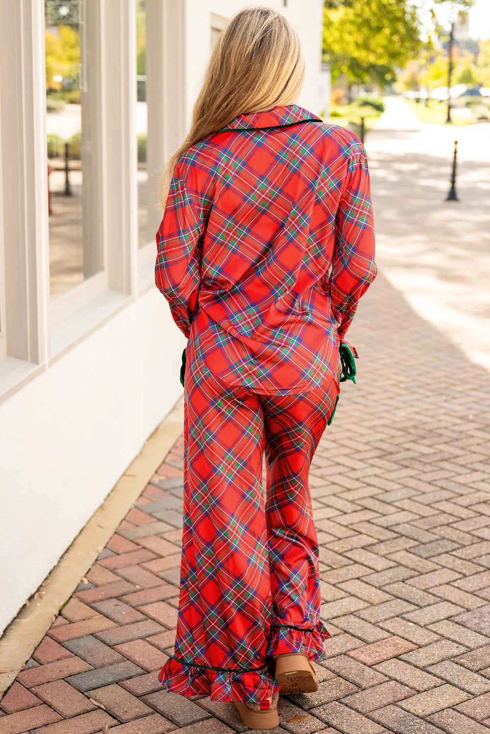 Fiery Red Christmas Plaid Satin Pajama Set with Contrast Velvet Ties-Loungewear & Sleepwear/Sleepwear-[Adult]-[Female]-2022 Online Blue Zone Planet