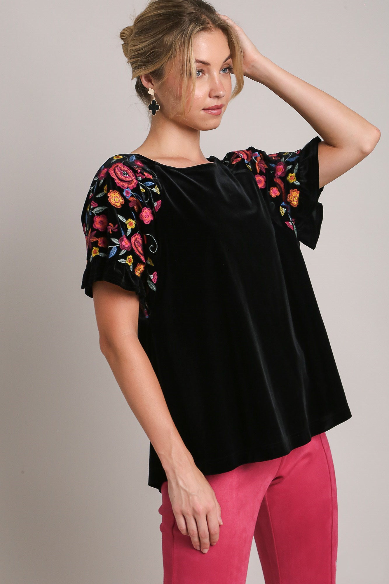 Blue Zone Planet | Umgee Full Size Velvet Embroidery Short Sleeve Blouse-TOPS / DRESSES-[Adult]-[Female]-Black-S-2022 Online Blue Zone Planet