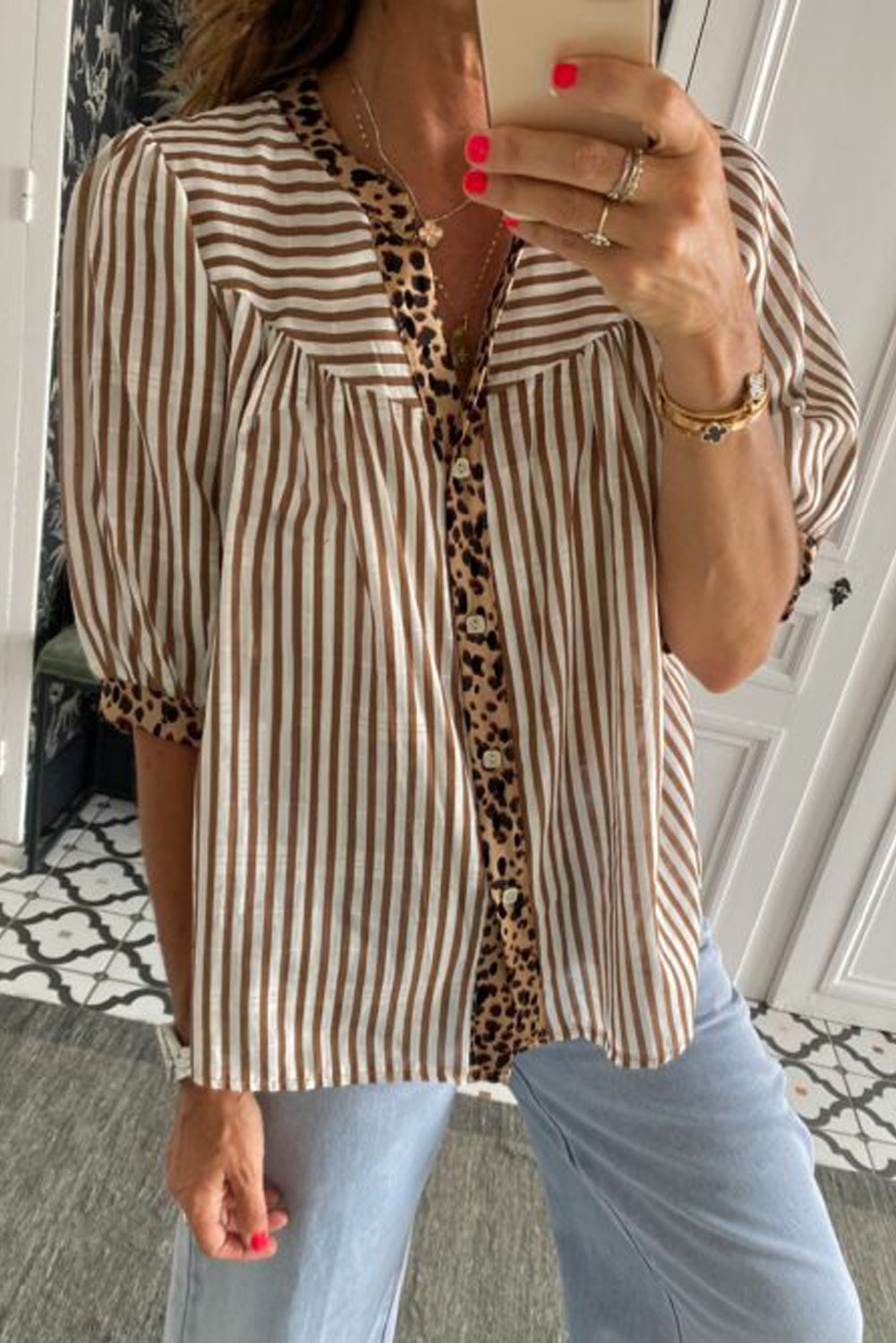 Brown Stripe Leopard Trim V Neck Button Down Half Sleeve Shirt-Tops/Blouses & Shirts-[Adult]-[Female]-2022 Online Blue Zone Planet