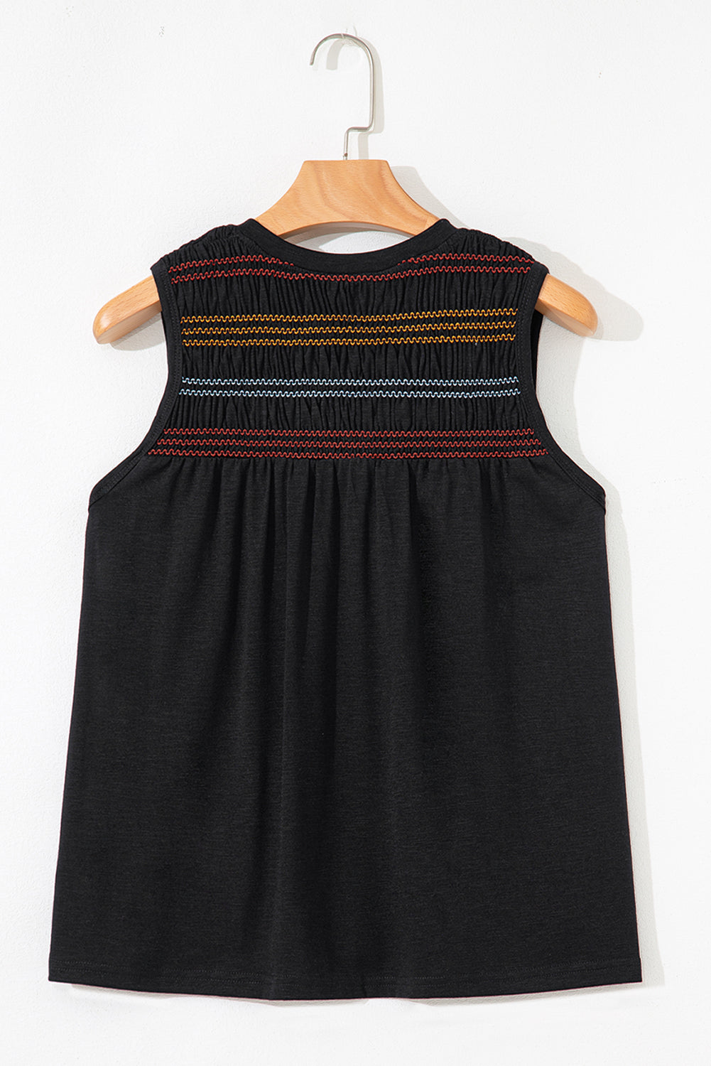 Black Colorful Shirred Yoke Notched V Neck Tank Top-Tops/Tank Tops-[Adult]-[Female]-2022 Online Blue Zone Planet