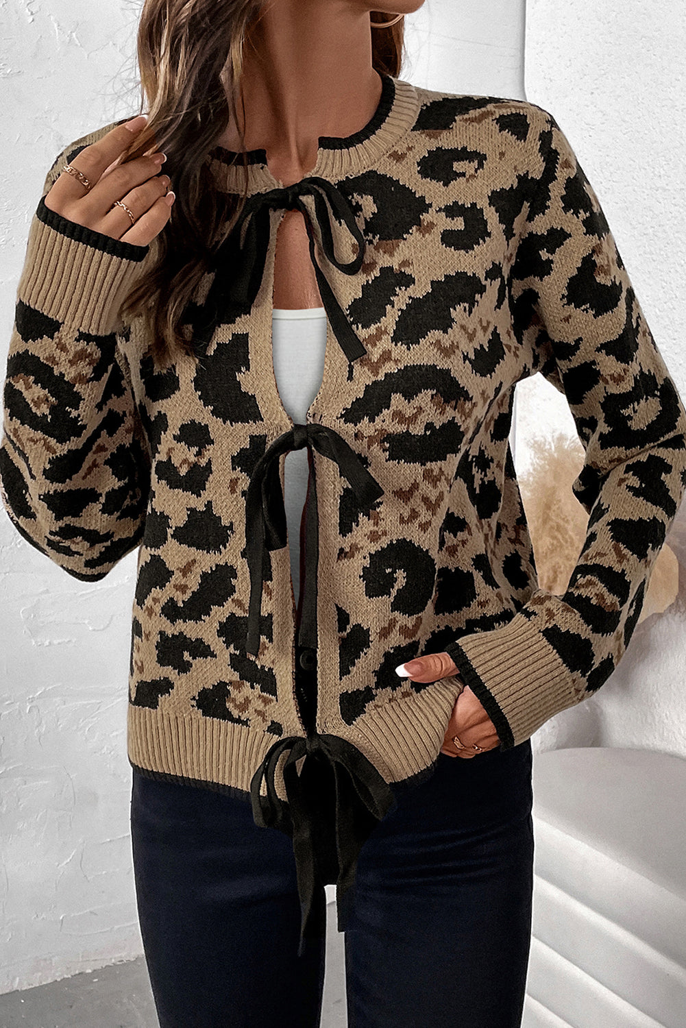 Blue Zone Planet | Brown Leopard Print Bow Tie Knit Cardigan-Cardigans-[Adult]-[Female]-2022 Online Blue Zone Planet