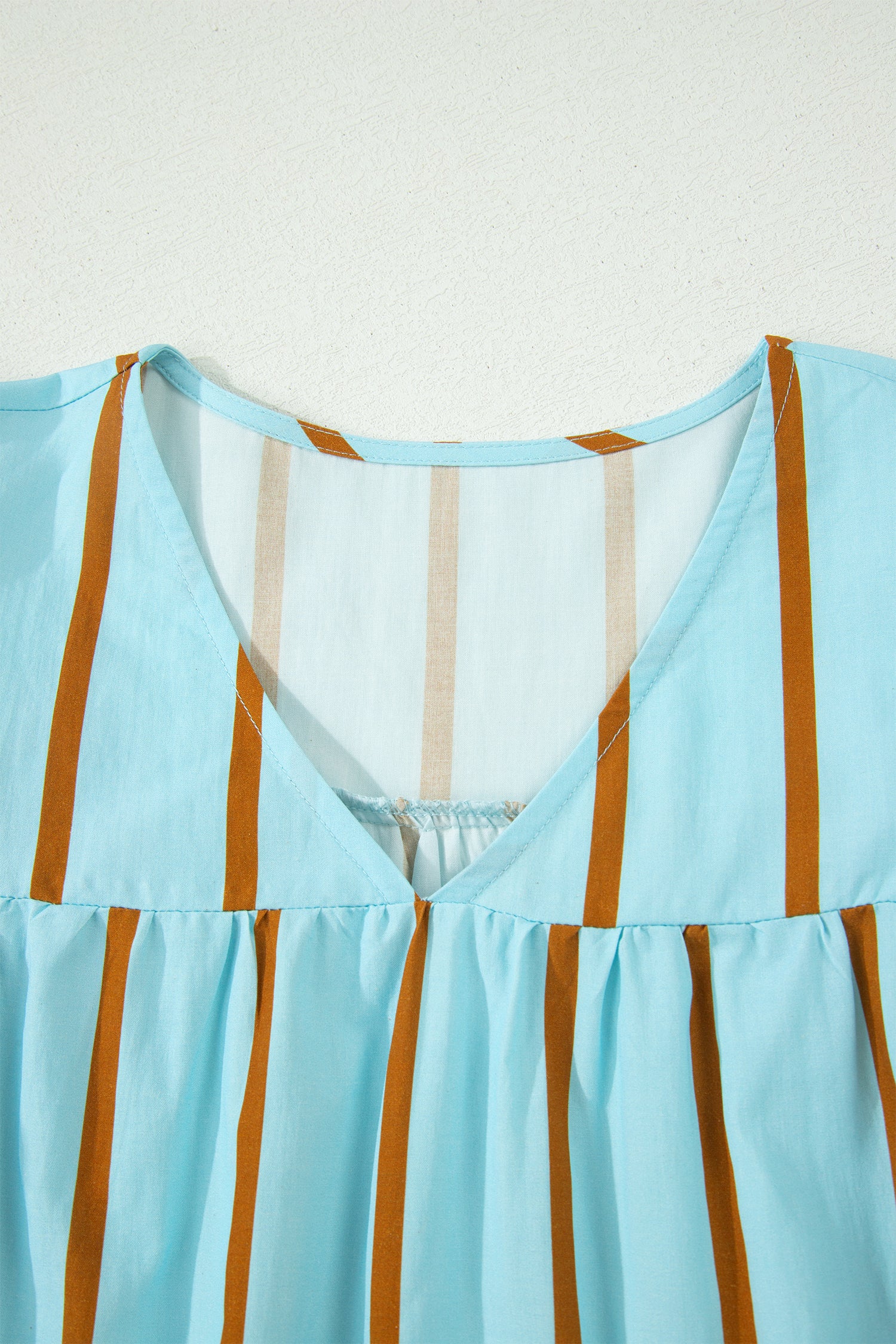 Sky Blue Stripe Ricrac Trim Double Ruffled Short Sleeve V Neck Blouse-Tops/Blouses & Shirts-[Adult]-[Female]-2022 Online Blue Zone Planet