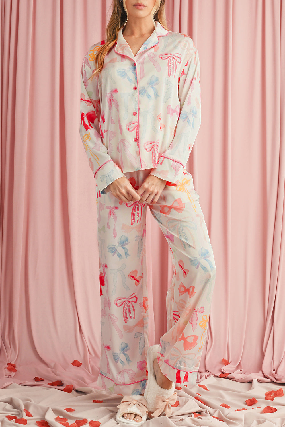 Blue Zone Planet | White Bow Print Lapel Collar Wide Leg Satin Pajama Set-Loungewear Set-[Adult]-[Female]-White-S-2022 Online Blue Zone Planet