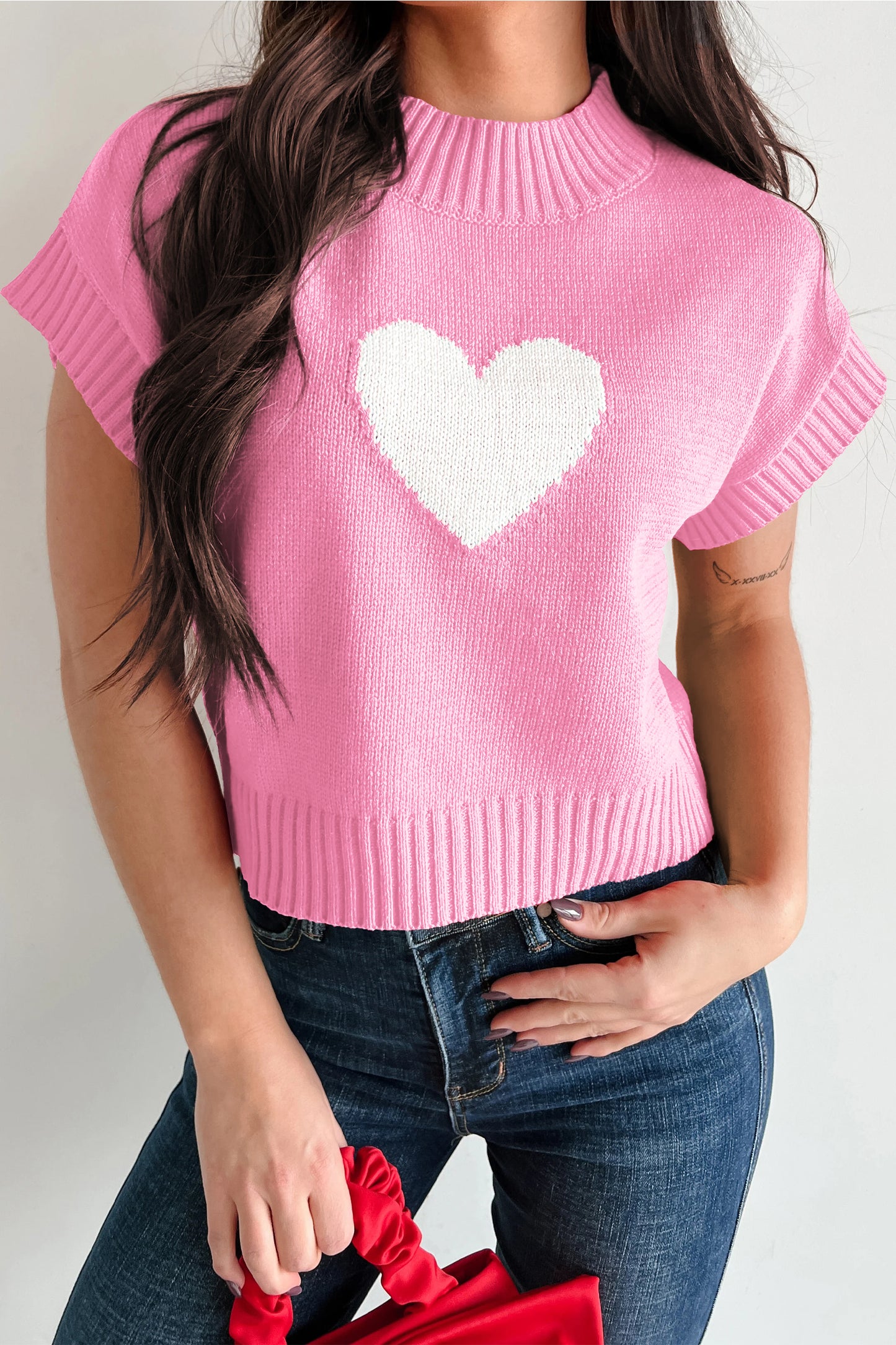 Fiery Red Valentine Heart Graphic Cropped Short Sleeve Sweater-TOPS / DRESSES-[Adult]-[Female]-Pink-L-2022 Online Blue Zone Planet