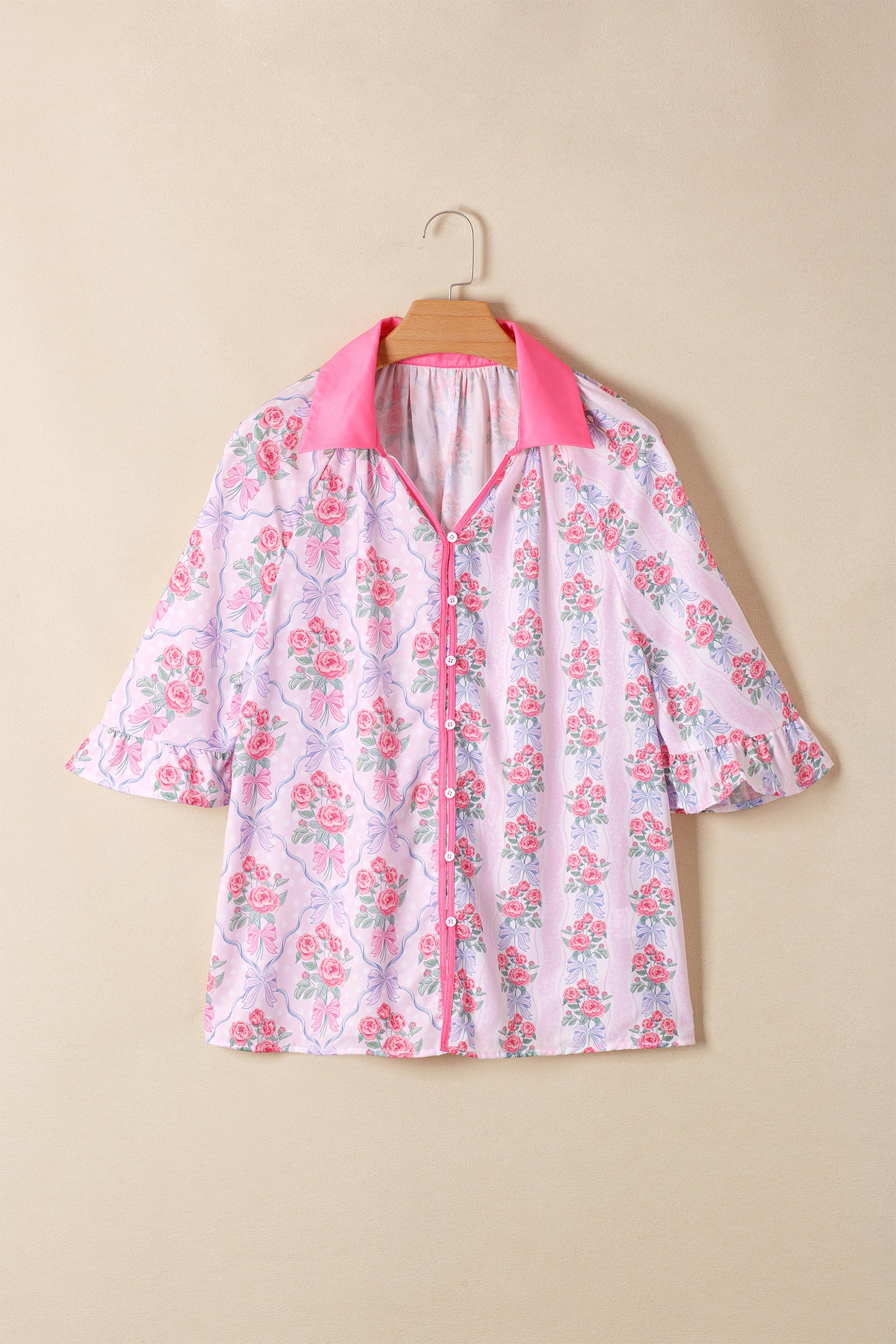 Purple Floral Collared Ruffled Half Sleeve Shirt-Tops/Blouses & Shirts-[Adult]-[Female]-2022 Online Blue Zone Planet