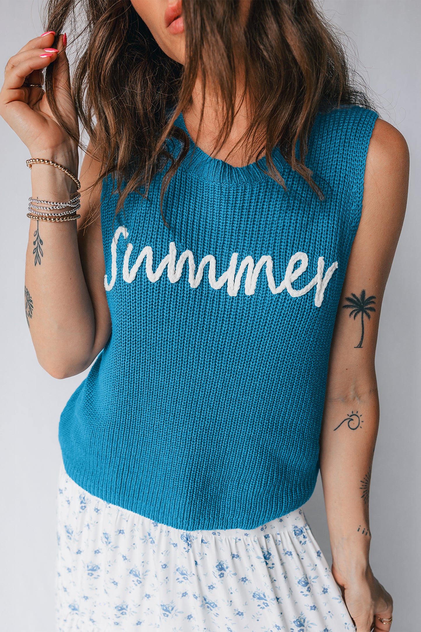 Dusk Blue Summer Script Graphic Sleeveless Sweater Vest-Sweaters & Cardigans/Sweater Vests-[Adult]-[Female]-Dusk Blue-S-2022 Online Blue Zone Planet