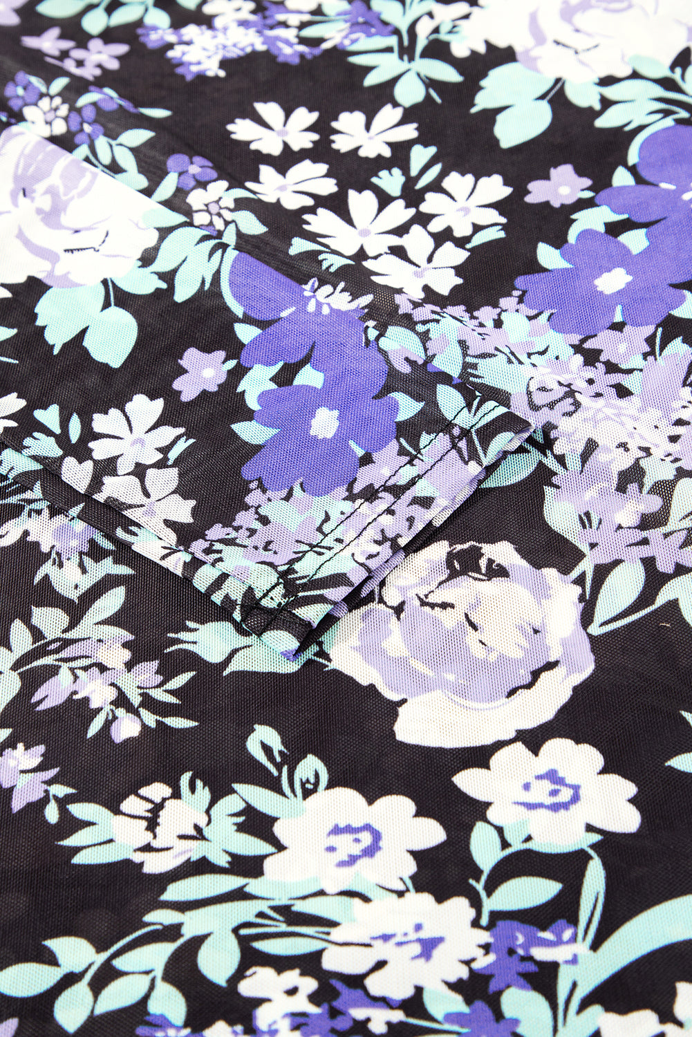 Blue Zone Planet | Black Floral Print Mesh Fitted Long Sleeve Top-Tops/Long Sleeve Tops-[Adult]-[Female]-2022 Online Blue Zone Planet