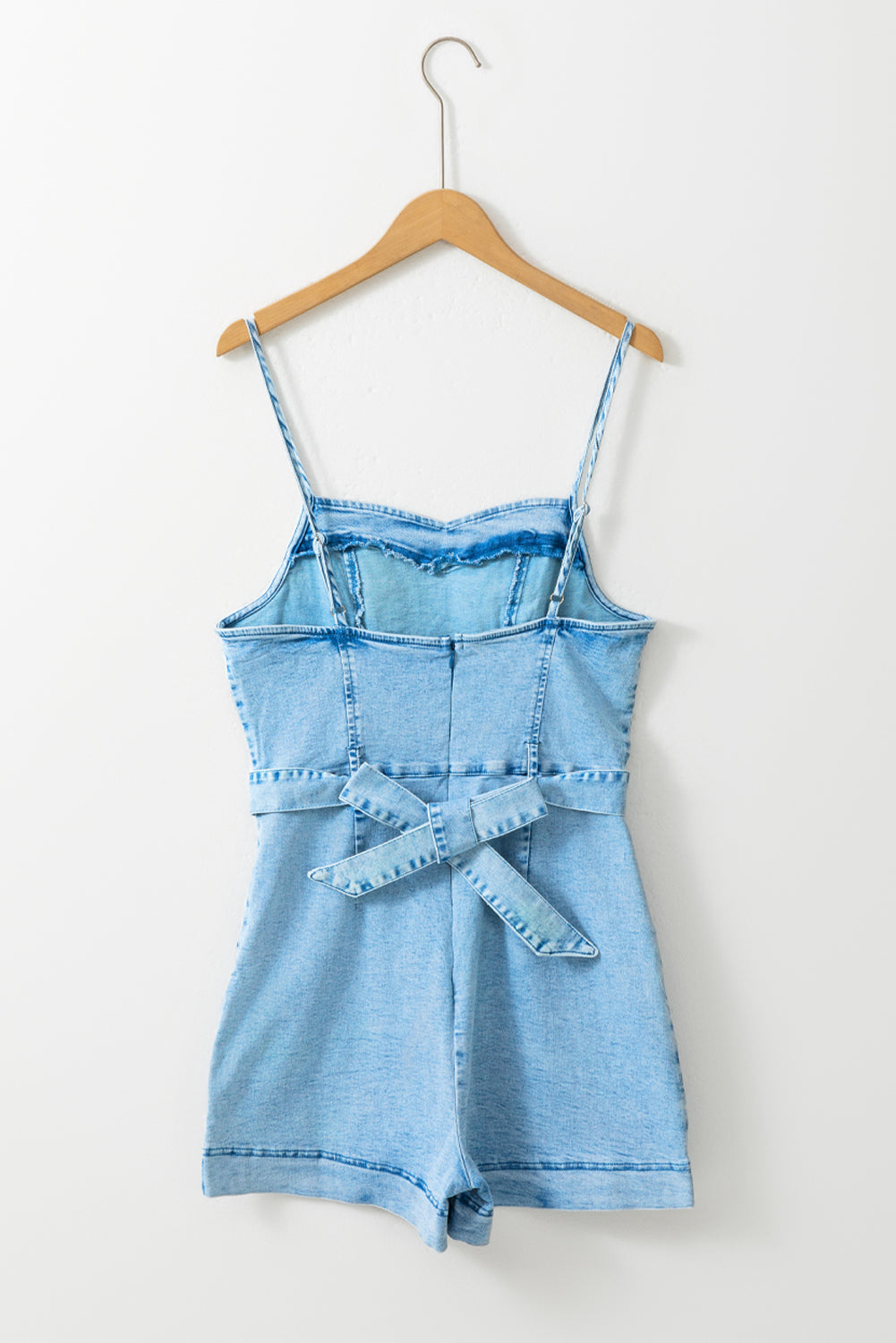 Blue Zone Planet |  Beau Blue Spaghetti Straps Belted Denim Romper Blue Zone Planet