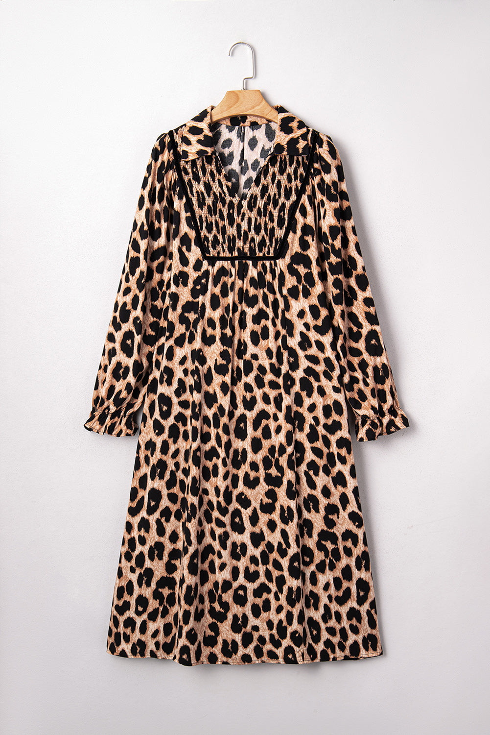 Brown Leopard Print Smocked Detail Flowy Midi Dress-TOPS / DRESSES-[Adult]-[Female]-2022 Online Blue Zone Planet