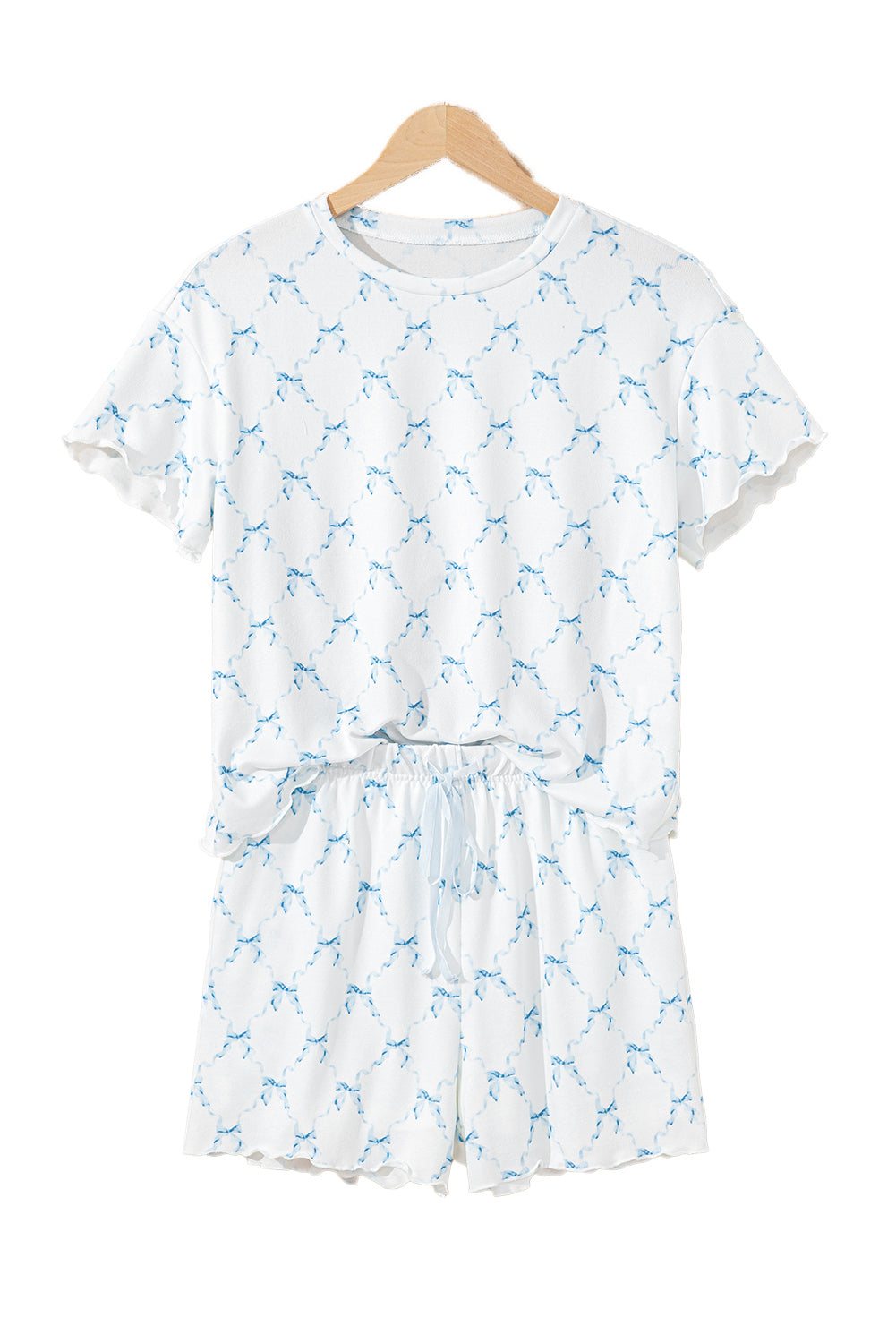 Sky Blue Bow Knot Geometric Print Lettuce Trim Two Piece Lounge Set-Loungewear & Sleepwear/Loungewear-[Adult]-[Female]-2022 Online Blue Zone Planet