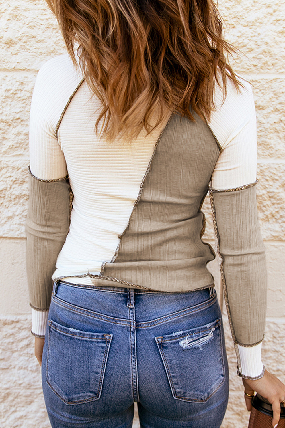 Multicolor Irregular Color Block Seaming Trim Rib Knit Top