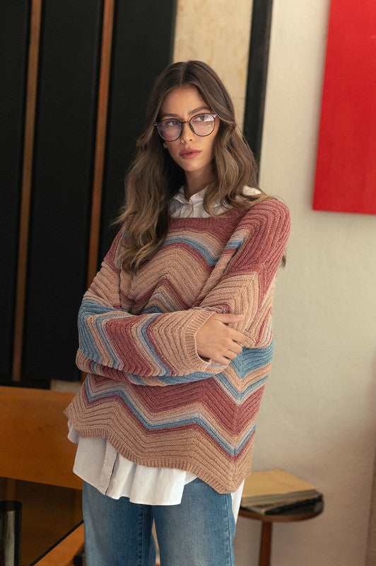 Annie Wear Multi Color Zig-Zag Round Neck Sweater-TOPS / DRESSES-[Adult]-[Female]-Rose Multicolor-S-2022 Online Blue Zone Planet