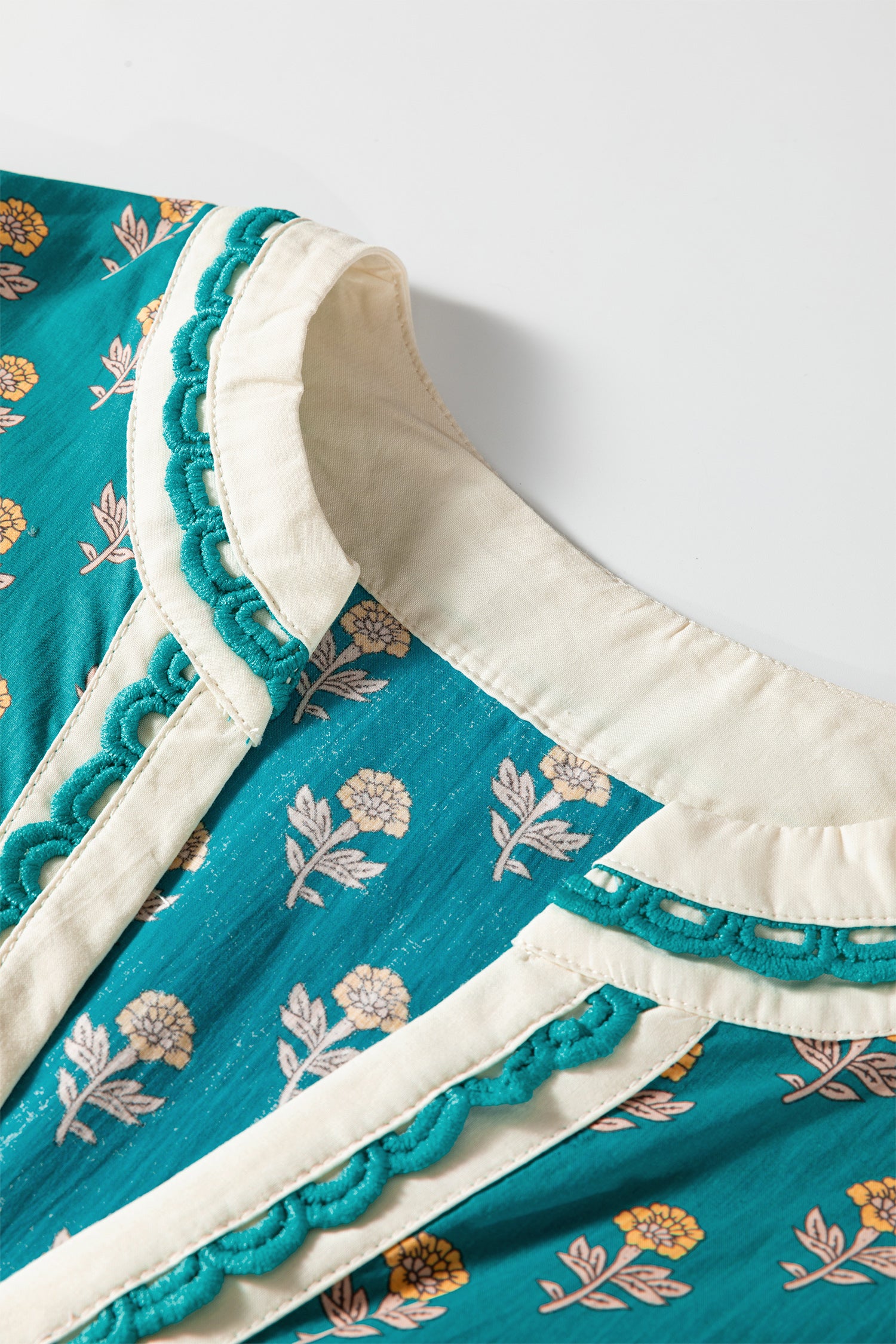 Green Contrast Trim V Neck Short Sleeve Floral Dress-TOPS / DRESSES-[Adult]-[Female]-2022 Online Blue Zone Planet