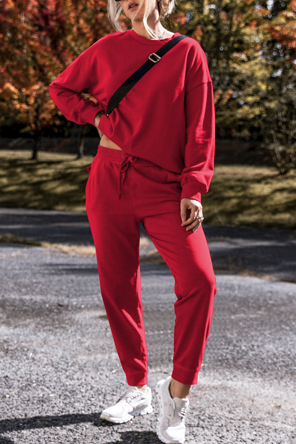 Racing Red Solid Color High Low Pullover and Pants Set-Two Piece Pants Sets-[Adult]-[Female]-2022 Online Blue Zone Planet