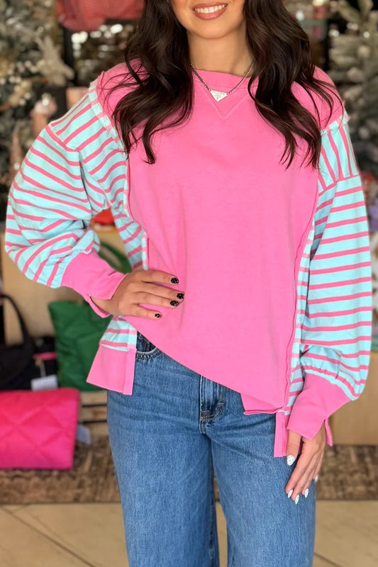 Rose Stripe Color Block Patchwork Relaxed Split Long Sleeve Top-Tops/Long Sleeve Tops-[Adult]-[Female]-Rose Stripe-S-2022 Online Blue Zone Planet
