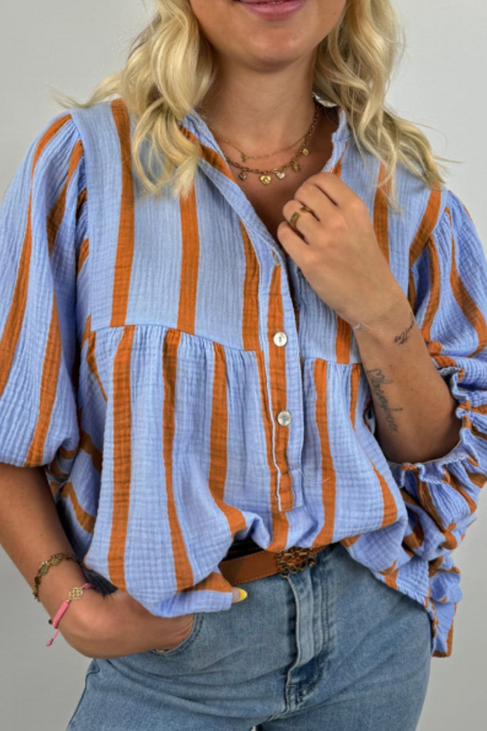 Blue Zone Planet | Striped Notched Three-Quarter Sleeve Blouse-TOPS / DRESSES-[Adult]-[Female]-2022 Online Blue Zone Planet