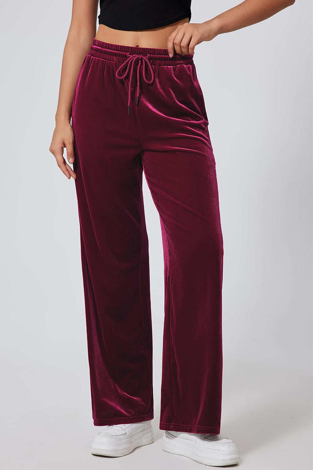 Drawstring Elastic Waist Straight Leg Pants-BOTTOMS SIZES SMALL MEDIUM LARGE-[Adult]-[Female]-Burgundy-S-2022 Online Blue Zone Planet