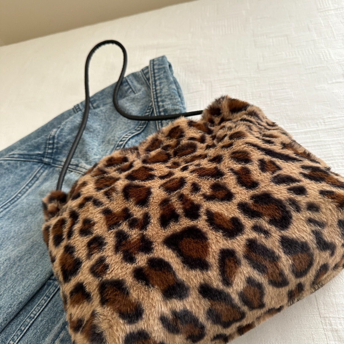 Blue Zone Planet | Leopard Furry Shoulder Bag-HANDBAGS-[Adult]-[Female]-2022 Online Blue Zone Planet