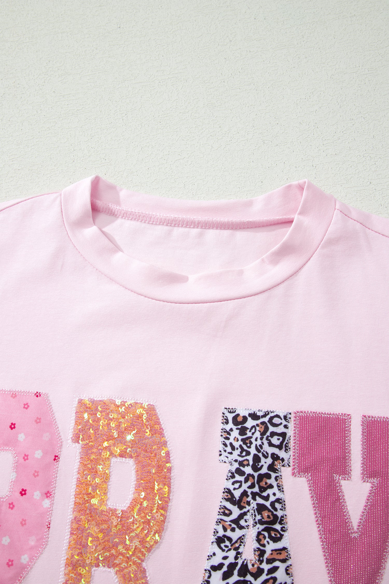 Pink Pray Sequin Leopard Multiple Patched Graphic Tee-Tops/Tops & Tees-[Adult]-[Female]-2022 Online Blue Zone Planet